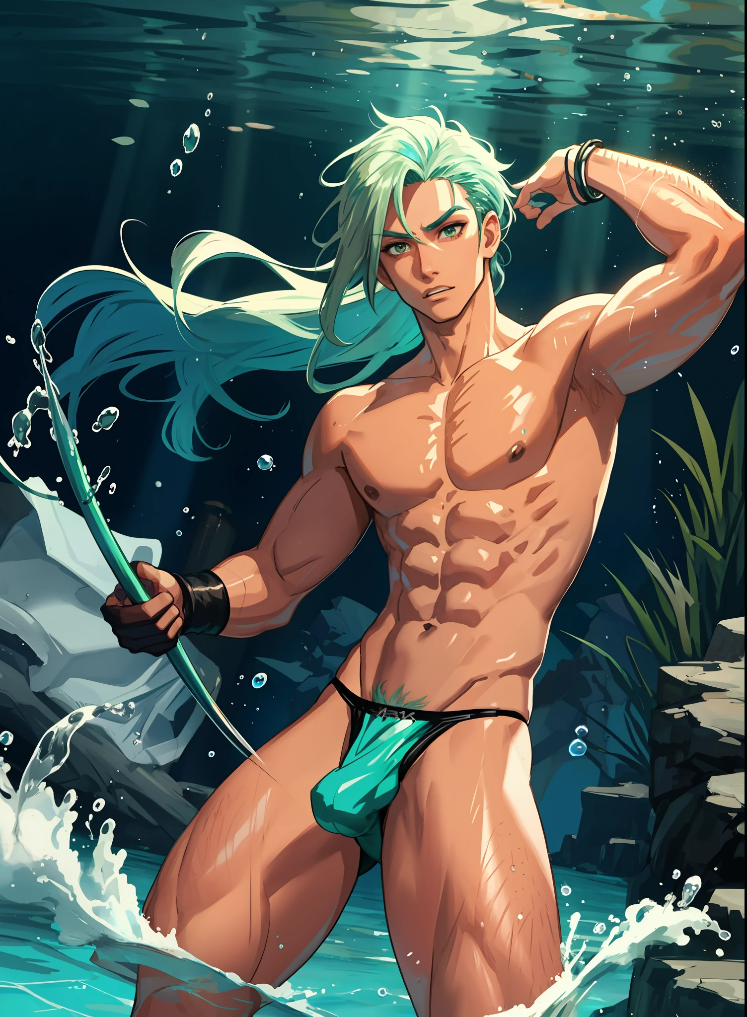 (hyper-realistic digital illustration), hires, best quality, underwater world, wide angle, swimming, athletic body, male, iridescent skin, flat chest, silver eyes, green hair styled in spikes, determined expression, bioluminescent lighting, wearing fashionable black small thong, full mast, erect bulge, erect bulge, visible through underwear , small waist, broad chest, big mane, slim scruffy, muscular