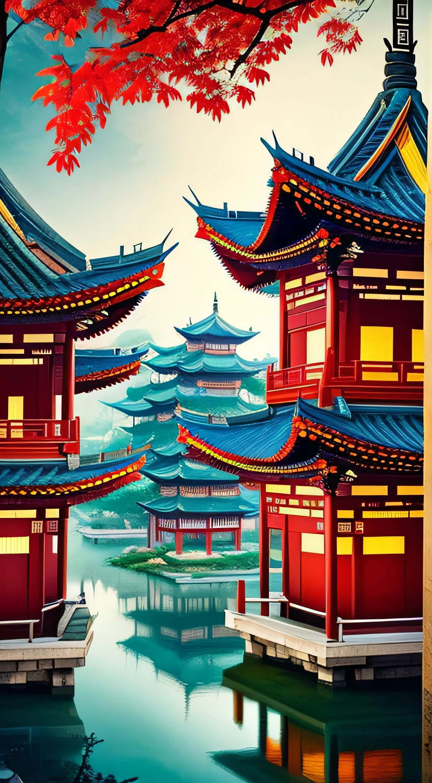 Zongmen in the forest, pavilions, there is a building with a lot of trees in front, digital paintings of the pagoda, ancient Chinese tower, Ross Tran. Landscape background, cyberpunk Chinese ancient castle, Japanese art style, Guvez style artwork, fantastic Chinese town, 8K high quality detail art, Rossdraws global lighting, Chinese Jianzhong inspired poster, oriental art style, beautiful digital artwork, Sylvain Sarrell and Igor Mosky --auto --s2