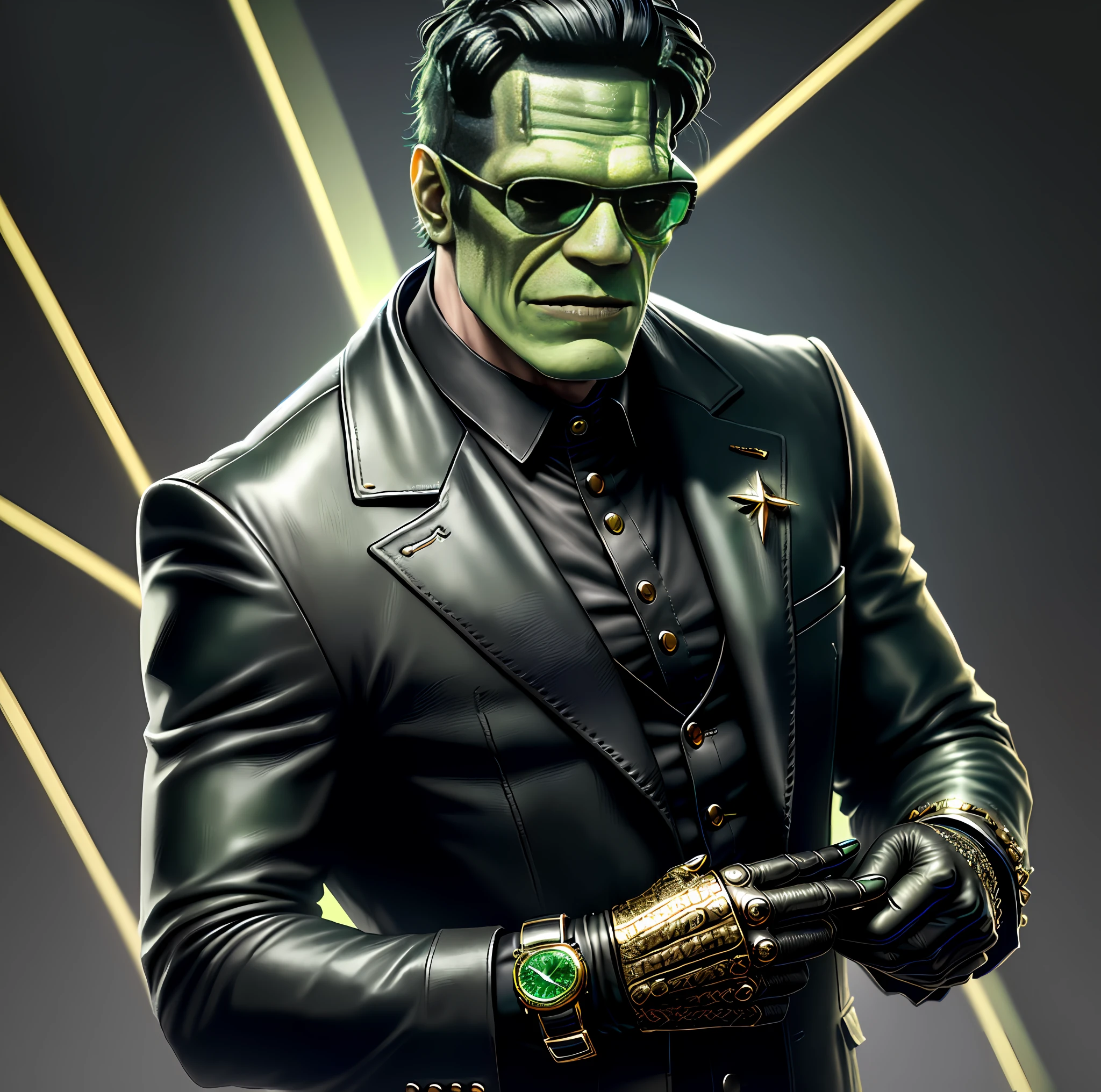((Highly detailed)), ((super realistic)), ((4k image)), ((color balance)), Monster Frankenstein, wearing black leather suit, green face, black hair, leather glove, black sunglasses, gold watch, standing, centered on the set, holding cristal with hands, neutral theme, (no duplications)."