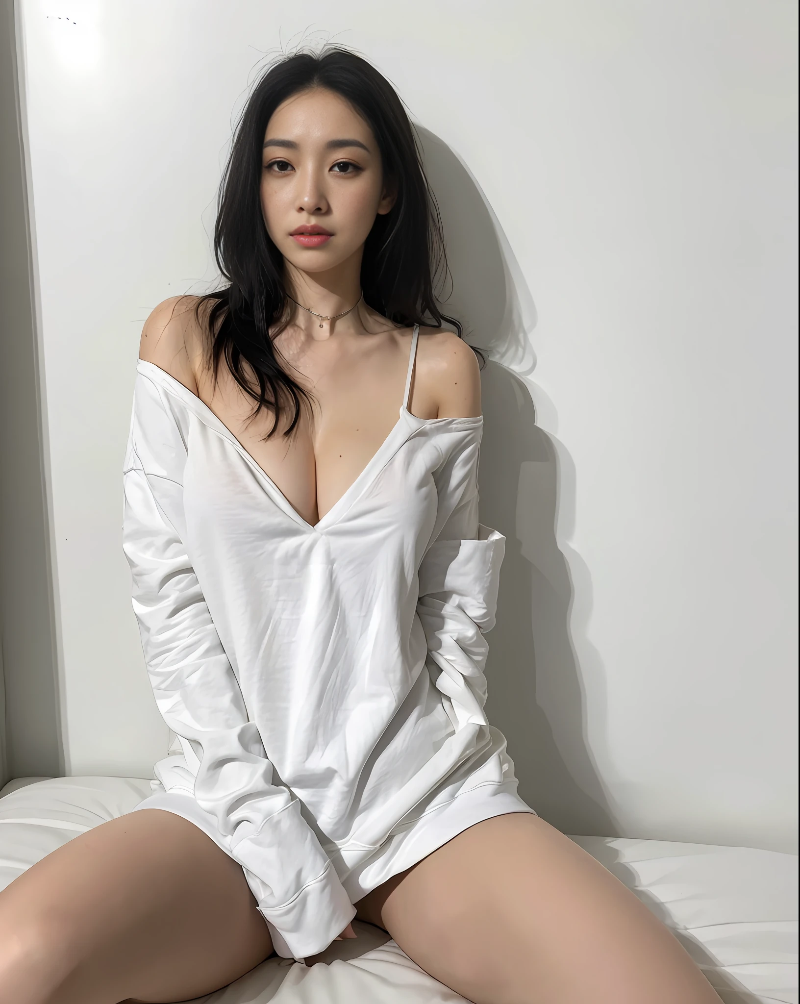 Break (Sexy White oversized_hoodie: 1.0), ((Night, Real Light, Top Quality, 8k, Masterpiece: 1.3)), Normal Body Beauty: 1.4, (Black Hair, Big: 1.8), Lying in Bed, Ultra Detailed Face, Detailed Eyes, Double Eyelids, Excitement, Side-Eyed, Off-Shoulder, Cleavage, Absolute Area, ((sweat)), Naked, Damp, BDSM, slave, Panties shackles on arms, arms behind hips, restraints, metal collars,