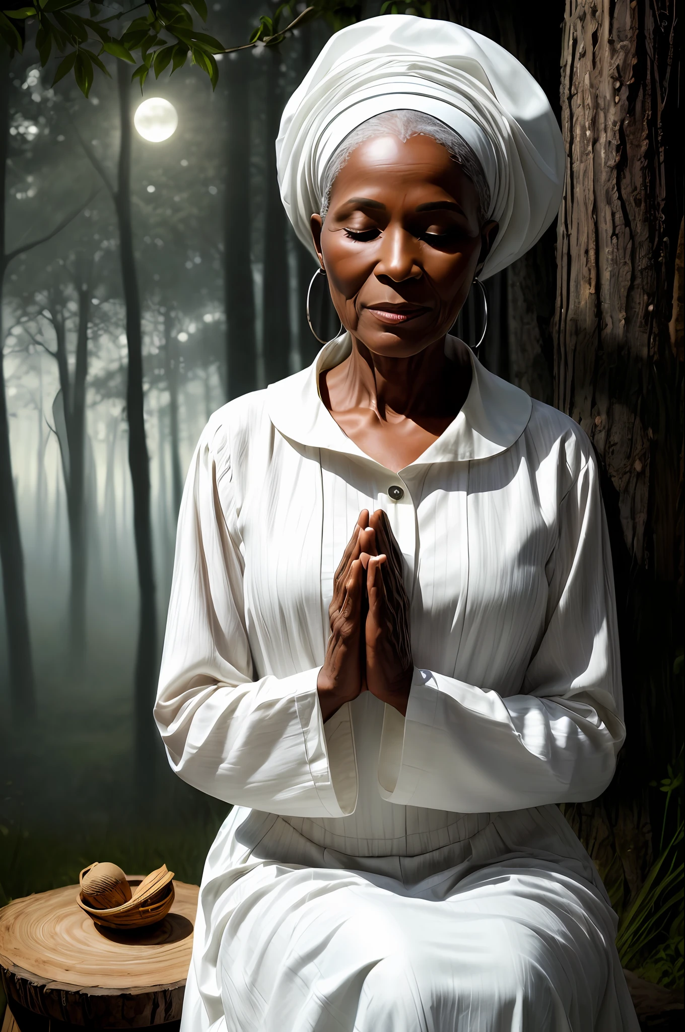 ((masterpiece, photorealistic, raw,:1.4), (extremely complex:1.2), close-up, cinematic light, side lighting, ultra high resolution, best shadow, RAW, old-black archetype (candomblé), 67-year-old African lady, mystic, head tilted upwards, (eyes closed, serene expression), calm, meditating, (hands in prayer), sitting on a wooden stool, wearing white long-sleeved dress and closed collar, long skirt, headscarf, Forest background in moonlight