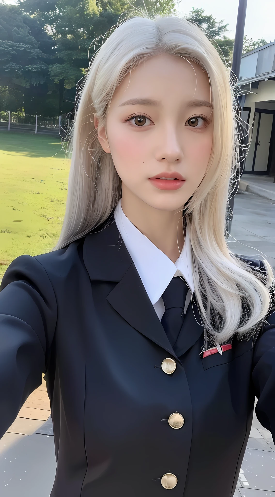 ((Realistic lighting, Best Quality, 8K, Masterpiece: 1.3)), Clear focus: 1.2, 1girl, Perfect Body Beauty: 1.4, Slim Abs: 1.1, ((White Hair, Milk: 1.3)), Imperial Sister Pose, (Outdoor, Daytime: 1.1), City Street, Super Fine Face, Fine Eyes, Double Eyelids, Curly Hair, Fair Skin, JK Uniform