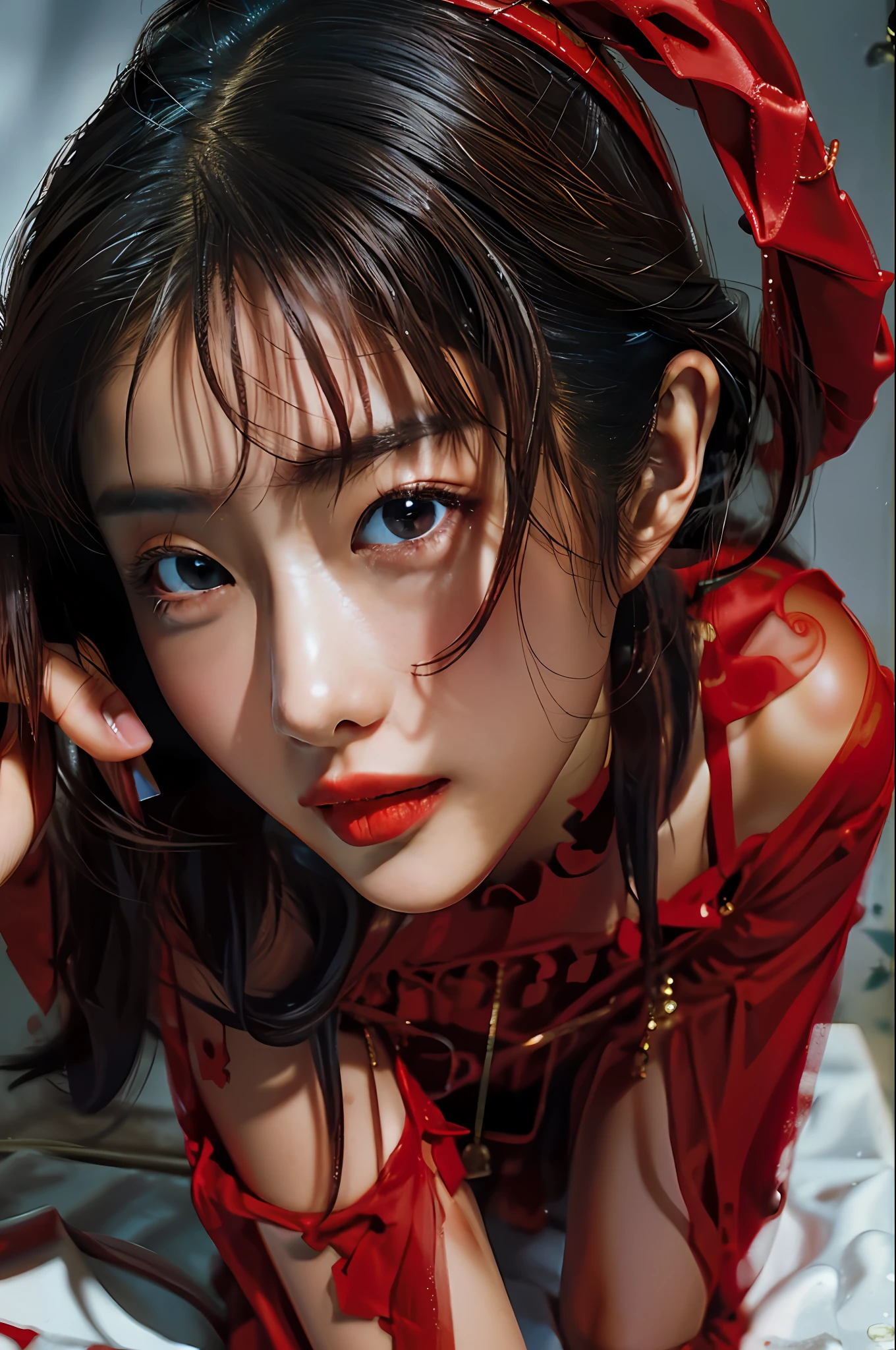 Top Quality, Masterpiece, Ultra High Definition, (Photorealistic: 1.4), Raw Photo, 1 Girl, Dark Hair, Glossy Skin, Dramatic Lighting, Full Body,, Red Dress, Colossal