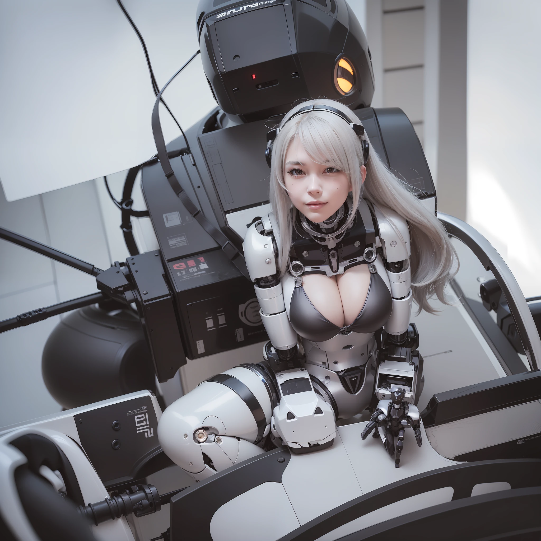 Beautiful Face,, From Back, 1 Woman, Curvaceous, Top Quality, Masterpiece, Ultra Detailed, ((((Bikini Cyborg Robot Parts)))), (Light Grey Hair), Long Hair, Wavy Hair, Twin Tails, Medium Shot, (((Seductive Smile)), (Black Eyes), Princess Cut, (Cowboy Shot),Squatting,Spread Your Legs,