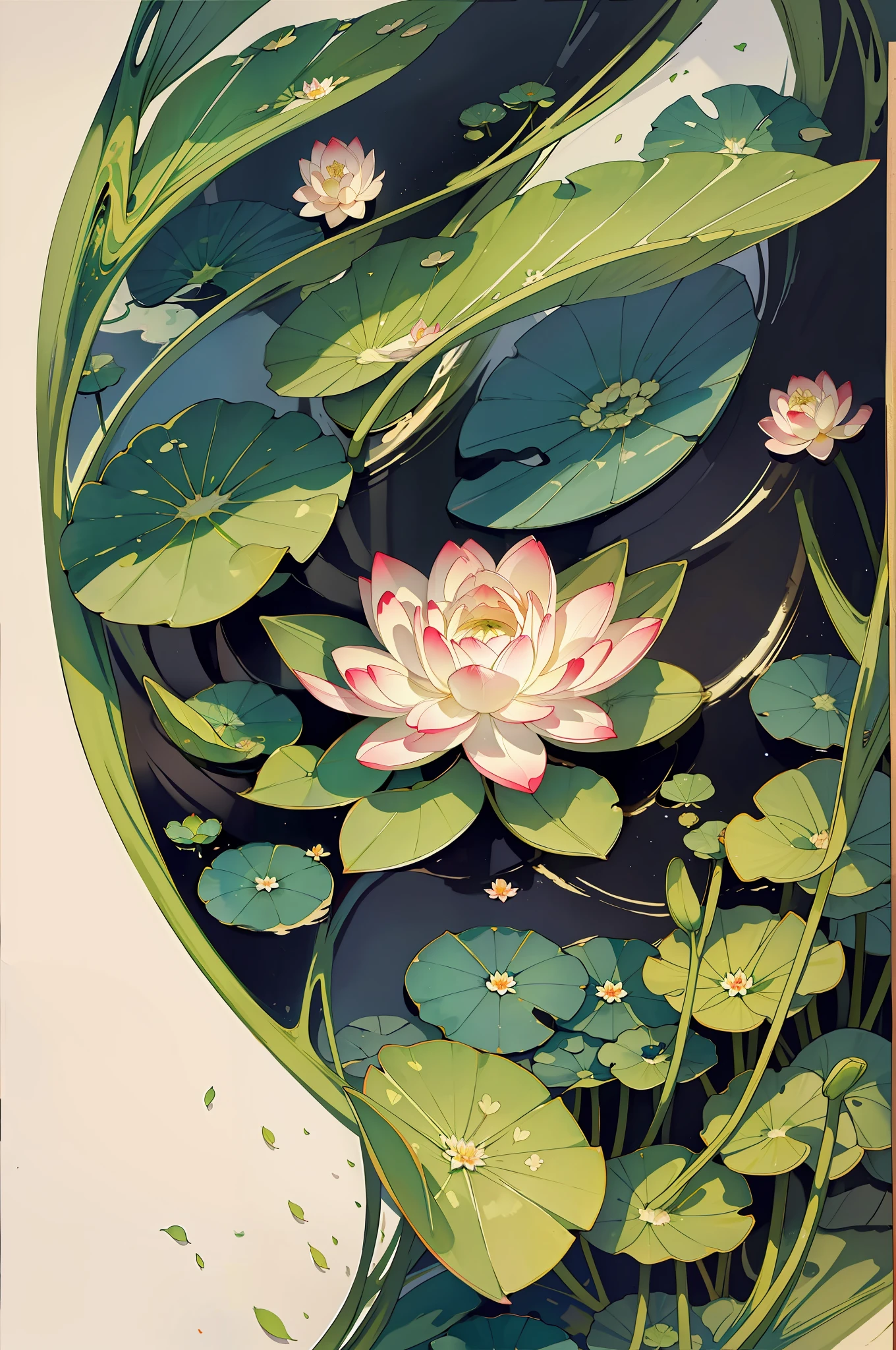 Big lotus leaves, lotus flowers, ink painting style, clean colors, ink style, blending, decisive cutting, white space, freehand, lotus fairy, masterpiece, super detailed, epic composition, high quality, highest quality, ancient style, Dunhuang flying sky