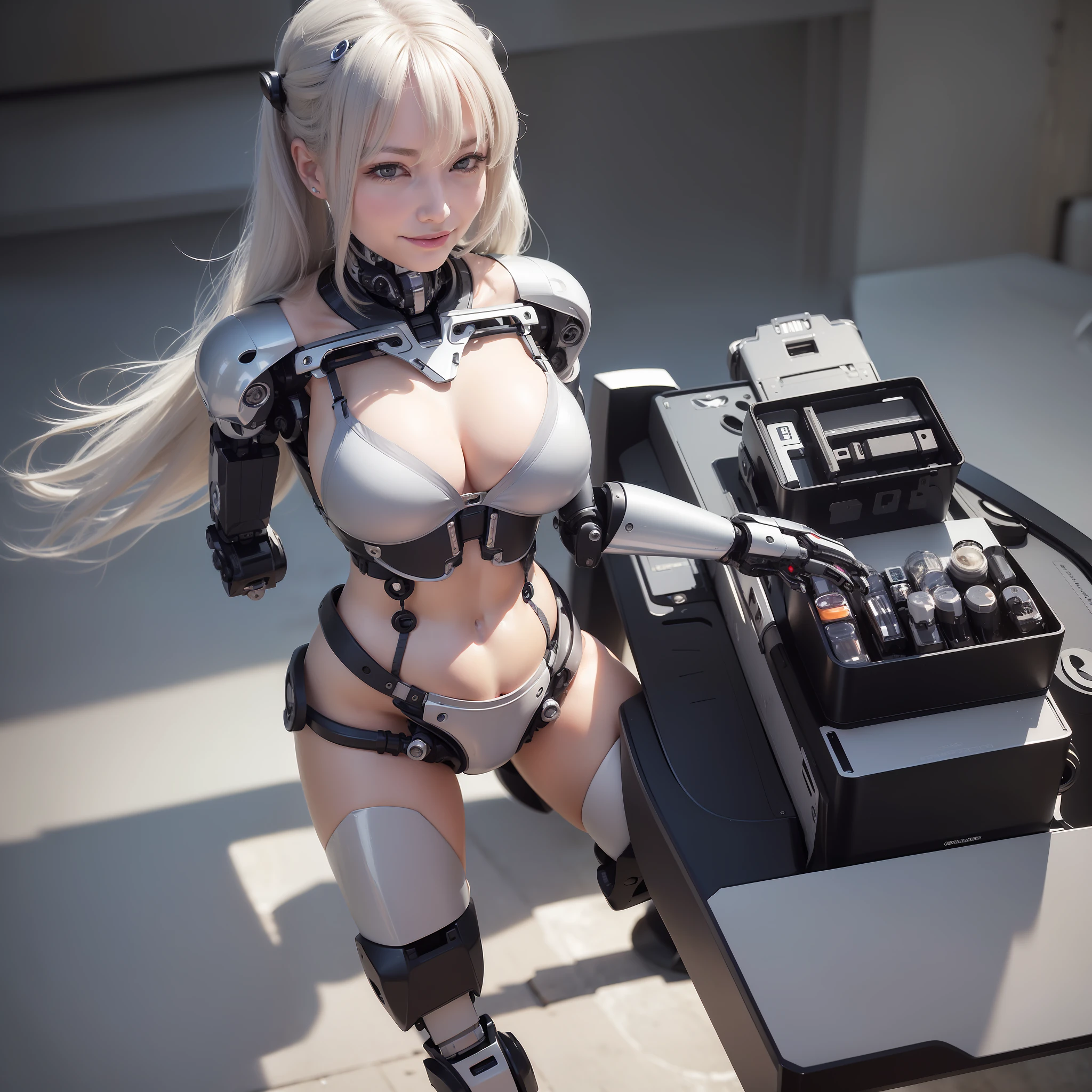 Beautiful Face,, From Back, 1 Woman, Curvaceous, Top Quality, Masterpiece, Ultra Detailed, ((((Bikini Cyborg Robot Parts)))), (Light Grey Hair), Long Hair, Wavy Hair, Twin Tails, Medium Shot, (((Seductive Smile)), (Black Eyes), Princess Cut, (Cowboy Shot),Squatting,Spread Your Legs,
