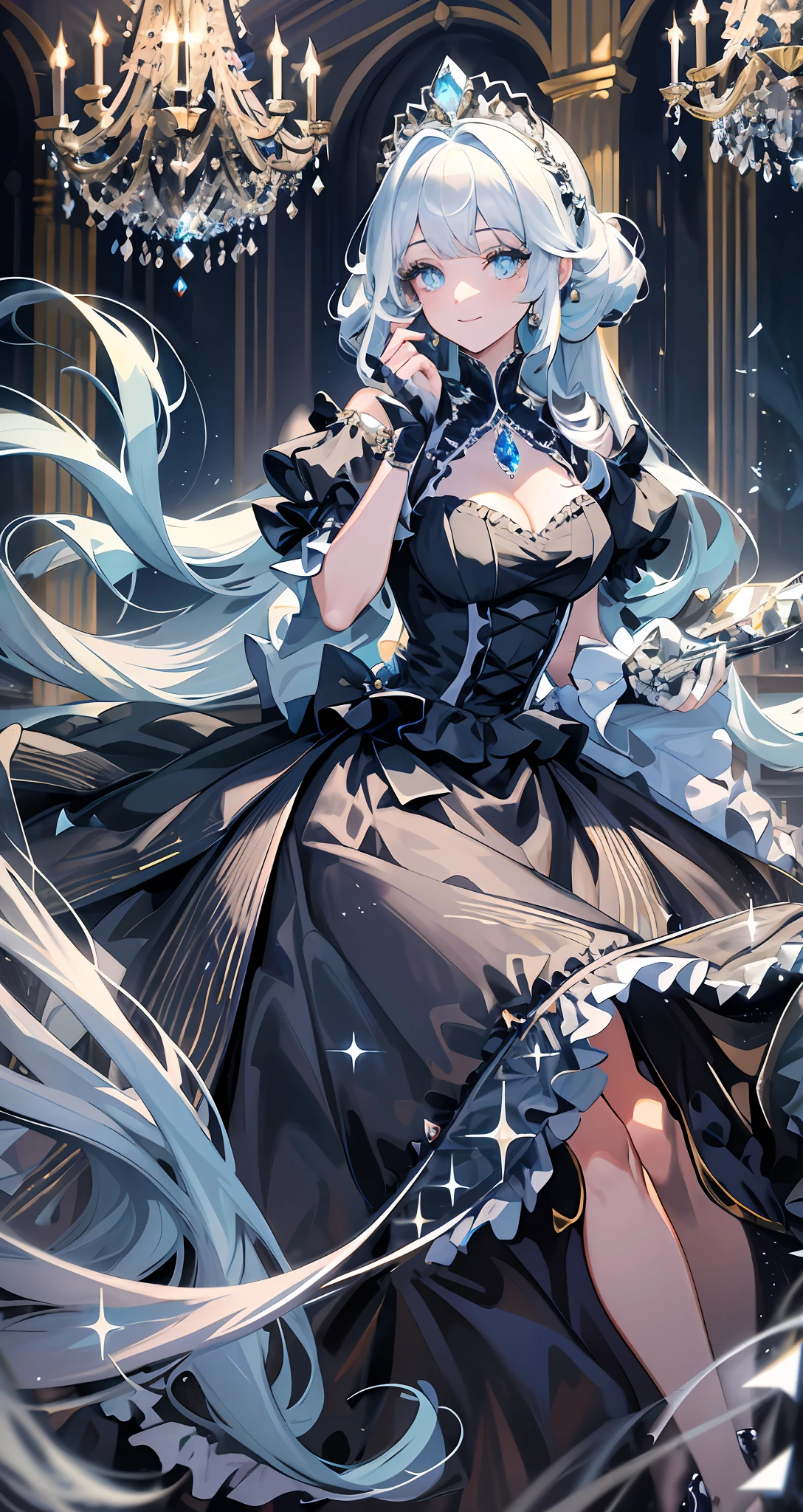 Dramatic composition, court-style dresses, royal, gorgeous, cascading frills, ruffles, bows, crystal chandeliers, Roman curly hairstyles, ponet, double ponytails like drills, look at the camera, bangs, maximalism, palatial background, delicate portrayal of hair and eyes, princess dresses, gorgeous skirts, flowers in hand, smiles, starry eyes, cinematic light, extreme detail, high definition, happy girl, very long hair, diamonds, broken diamonds, crystal fragments, light particles