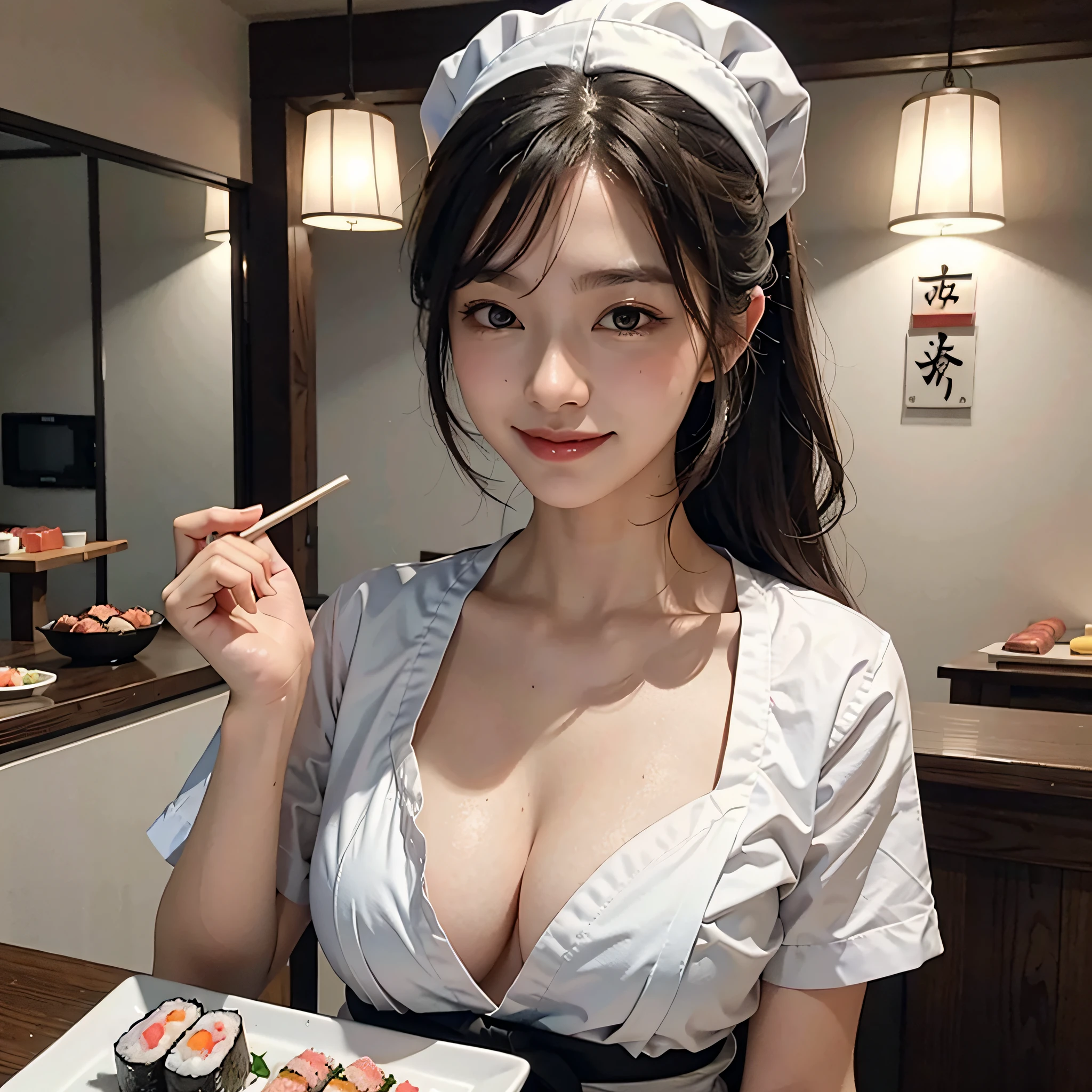 1girl, sushi chef, nfsw, cleavage, solo, at sushi kitchen, smile, happy, big breast, cute face