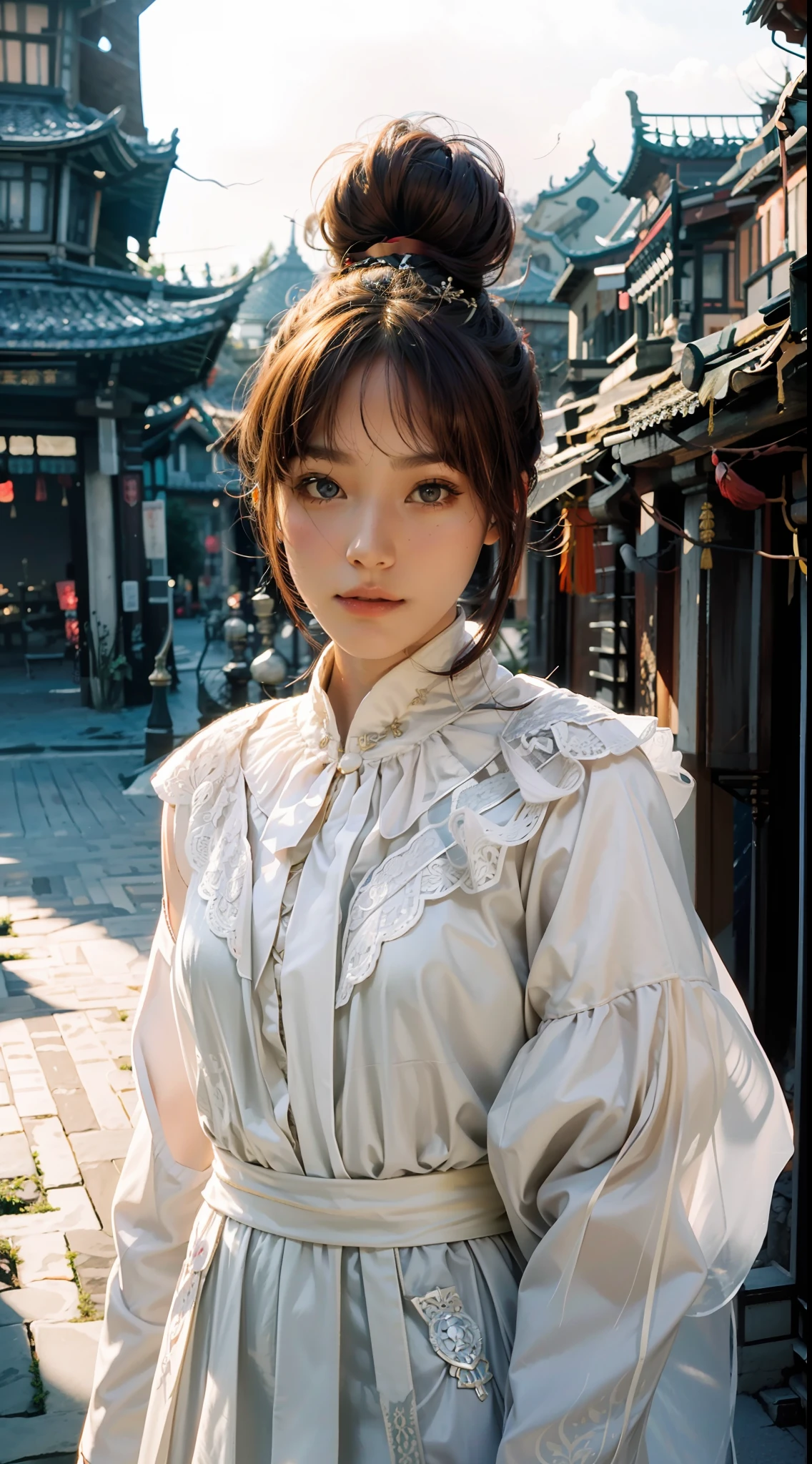 Best Picture Quality, Masterpiece Level, Ultra High Resolution, Realism, Fantasy Theme, Armor, Facial Details, A Girl, Single, Bun, Fairy Tale Theme, Full Body, Chinese Architecture, Burning, Get Detailed Outdoor Lighting and Movie Lighting, Increase Detailed Overall Ambient Light, Face and Eye Detail, Improve Body Detail Realism, Clear Sharp Focus, Expressionless, Fairy Costume, Burgundy Hair, Bright Eyes, Simple Background.