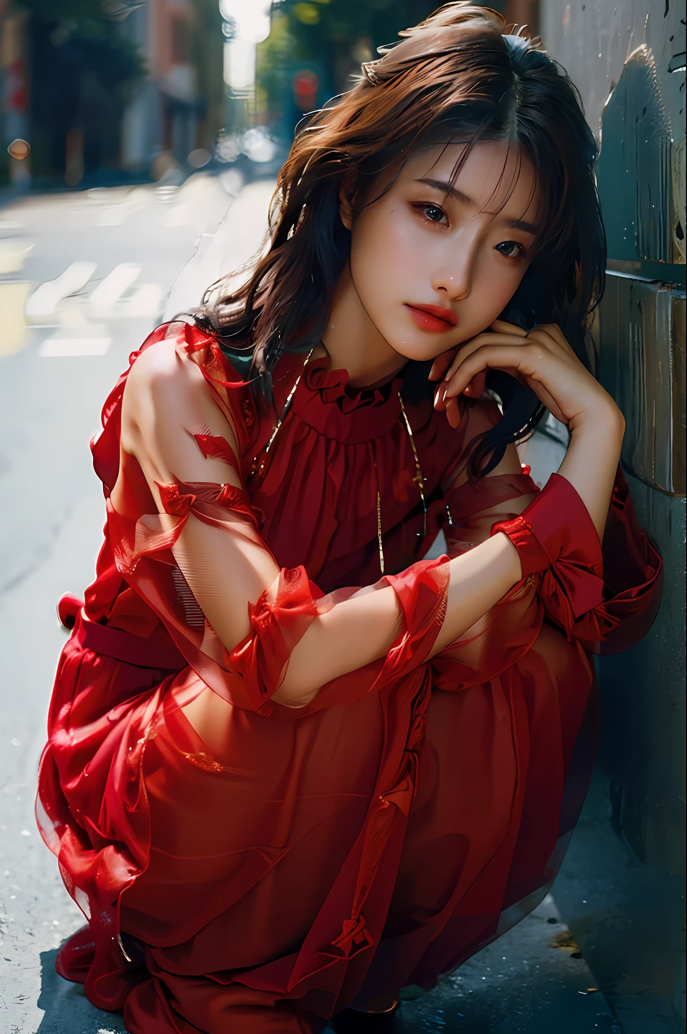 Top Quality, Masterpiece, Ultra High Definition, (Photorealistic: 1.4), Raw Photo, 1 Girl, Dark Hair, Glossy Skin, Dramatic Lighting, Full Body,, Red Dress, Colossal