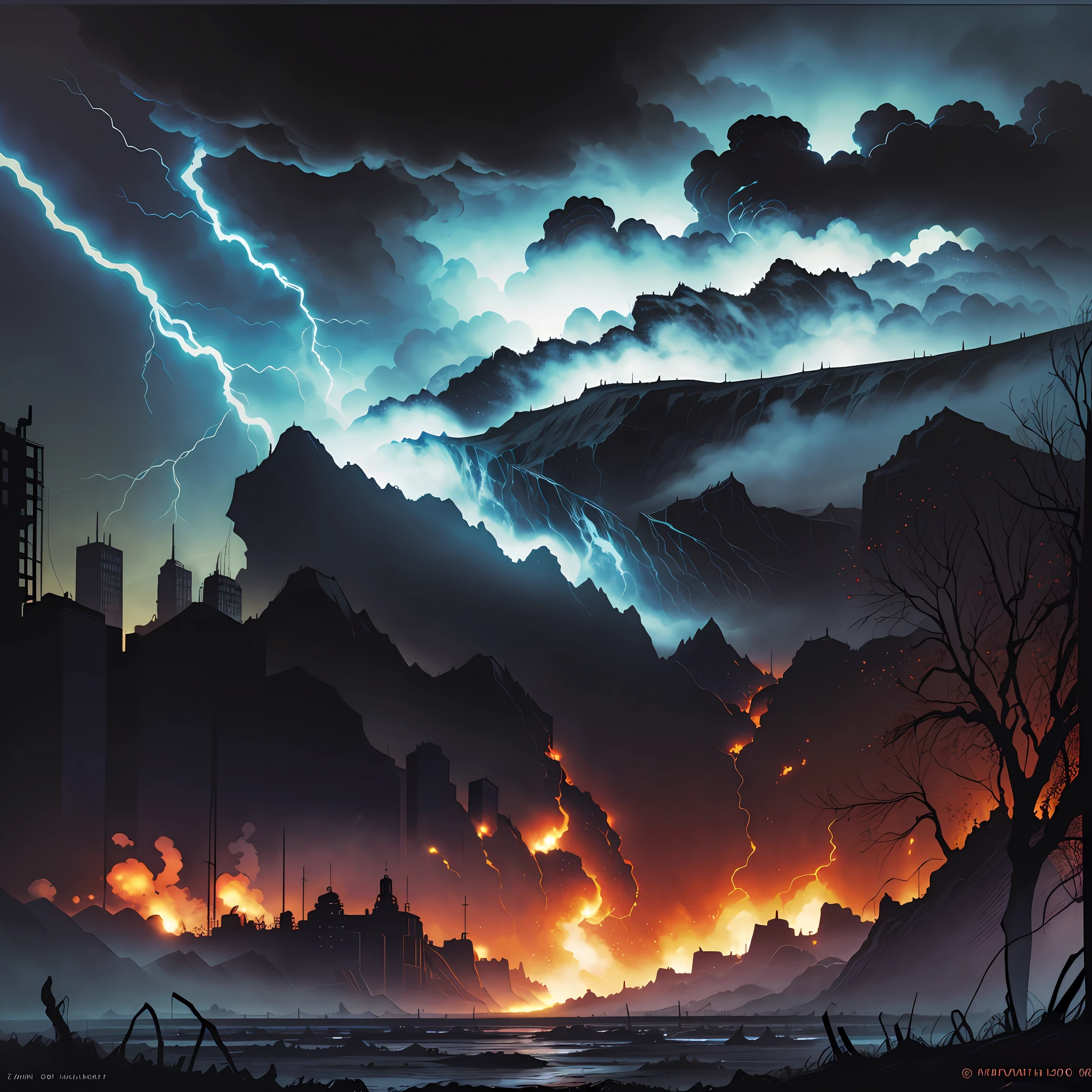 cartoon, world system, catastrophic events about the world, (desolate setting:1.14)), cartoon style movie, cartoon, by Ron Walotsky, cartoon of the 90s, strong shadows, sky with dark clouds and war scenery, lightning and thunder, fire, dirt road at dusk, gradient sky, grotesque, dark, scary, dark fantasy, mysterious atmosphere. --s2