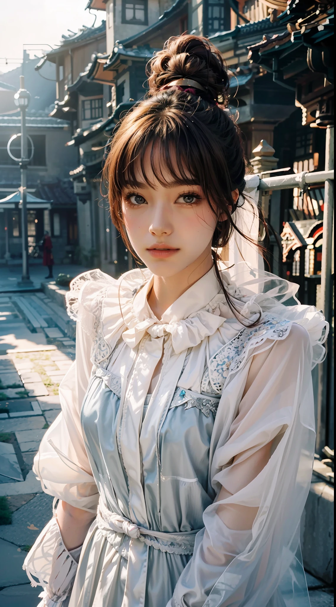Best Picture Quality, Masterpiece Level, Ultra High Resolution, Realism, Fantasy Theme, Armor, Facial Details, A Girl, Single, Bun, Fairy Tale Theme, Full Body, Chinese Architecture, Burning, Get Detailed Outdoor Lighting and Movie Lighting, Increase Detailed Overall Ambient Light, Face and Eye Detail, Improve Body Detail Realism, Clear Sharp Focus, Expressionless, Fairy Costume, Burgundy Hair, Bright Eyes, Simple Background.
