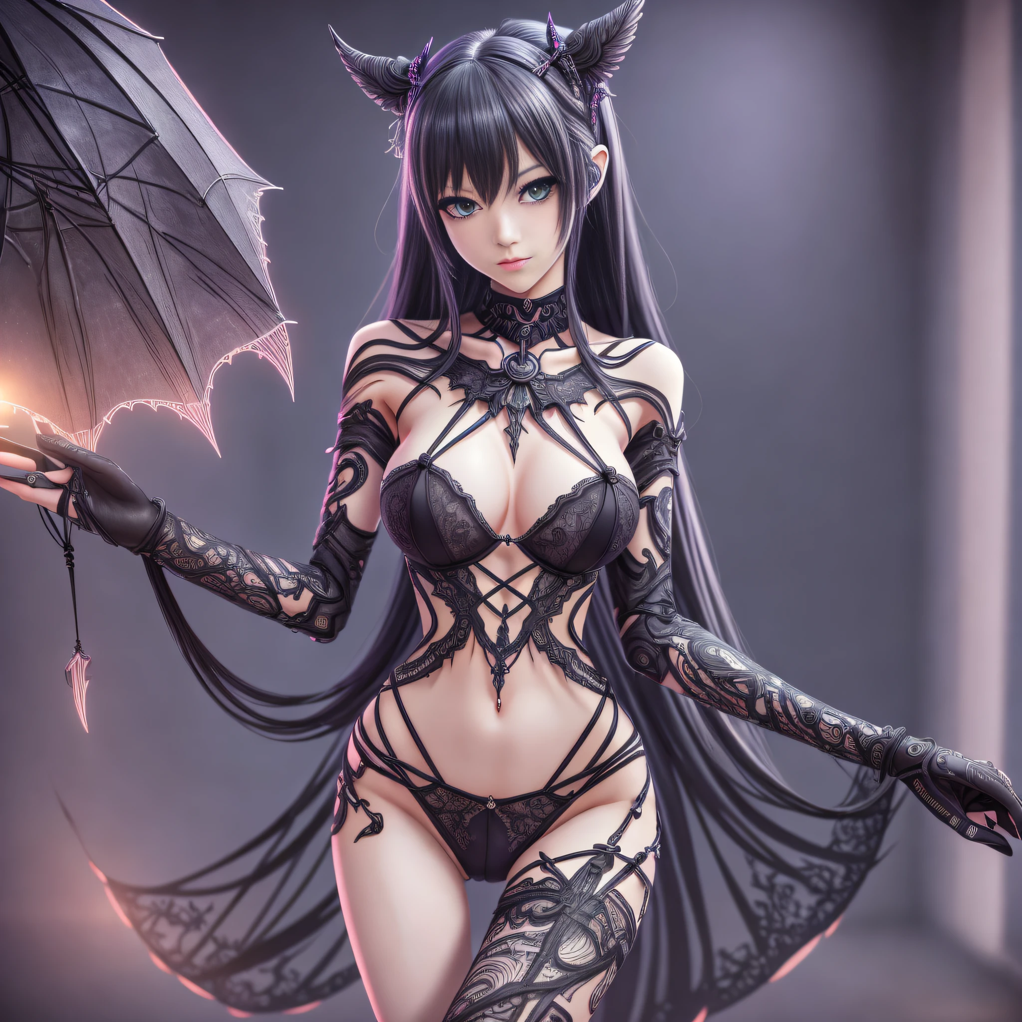 high detail raw photo masterpiece, best quality, detailed, sexy demon girl, cute girl, long legs, tall_female, beautiful_legs, asian, full body, (lingerie:0.6), (tattoo:0.4), (gothic jewelry:0.4), detailed face, Anime, flawless face, perfect eyes, highly detailed, 4 k, hdr, smooth, sharp focus, high resolution, award - winning photo