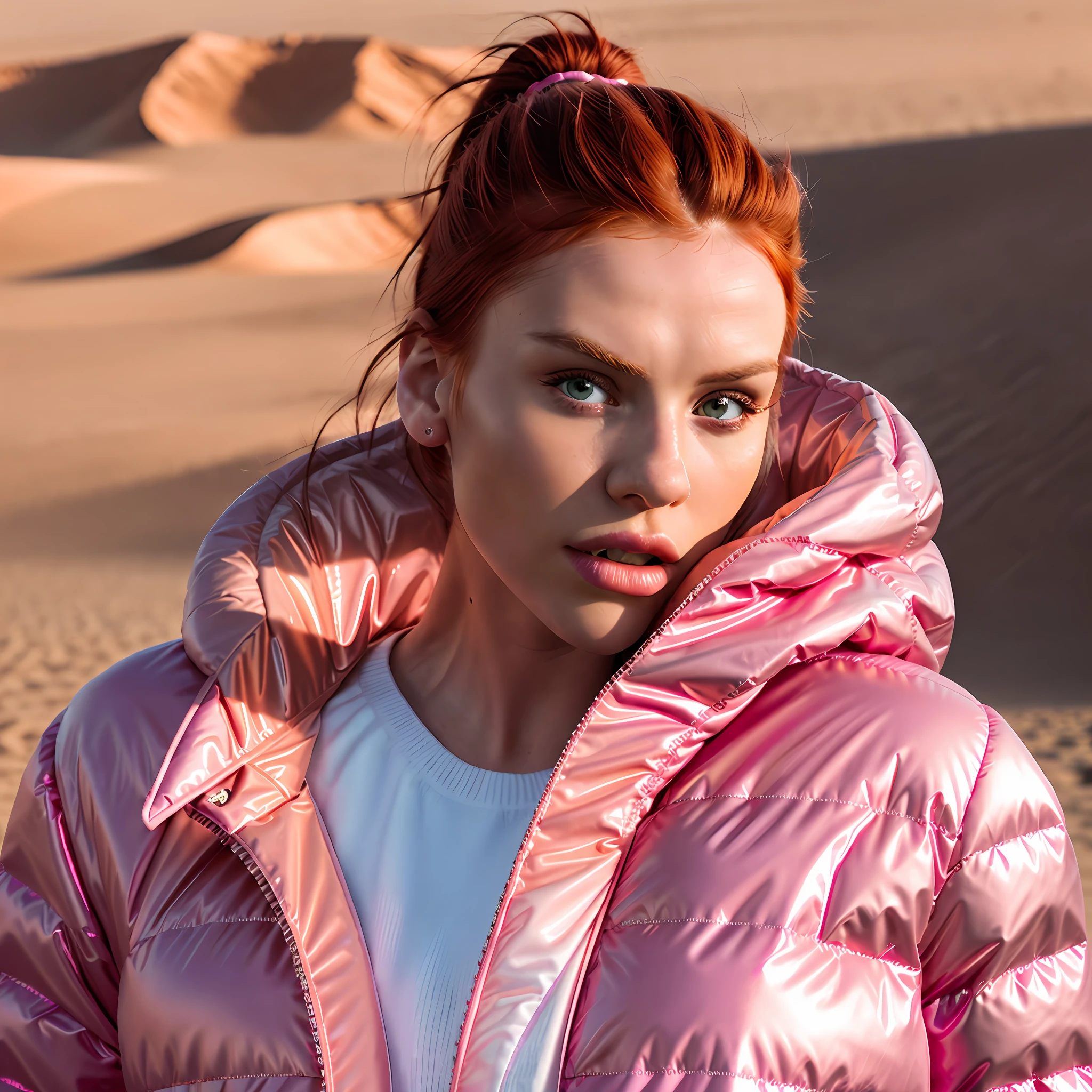 Creates a hyper realis image of a (full-body woman) with perfect Irish Nordic facial features, redhead natural red hair, with pleasing expression wearing) ((Balenciaga puffer style jacket oversized detailed)) ((pink vivid color neon metallic reflective)), walking elegantly towards the camera in the Sahara desert with intense desert sun illumination warm colors, Hyper realistic natural landscape realistic desert colors, best image quality, high resolution photography camera lens 100mm