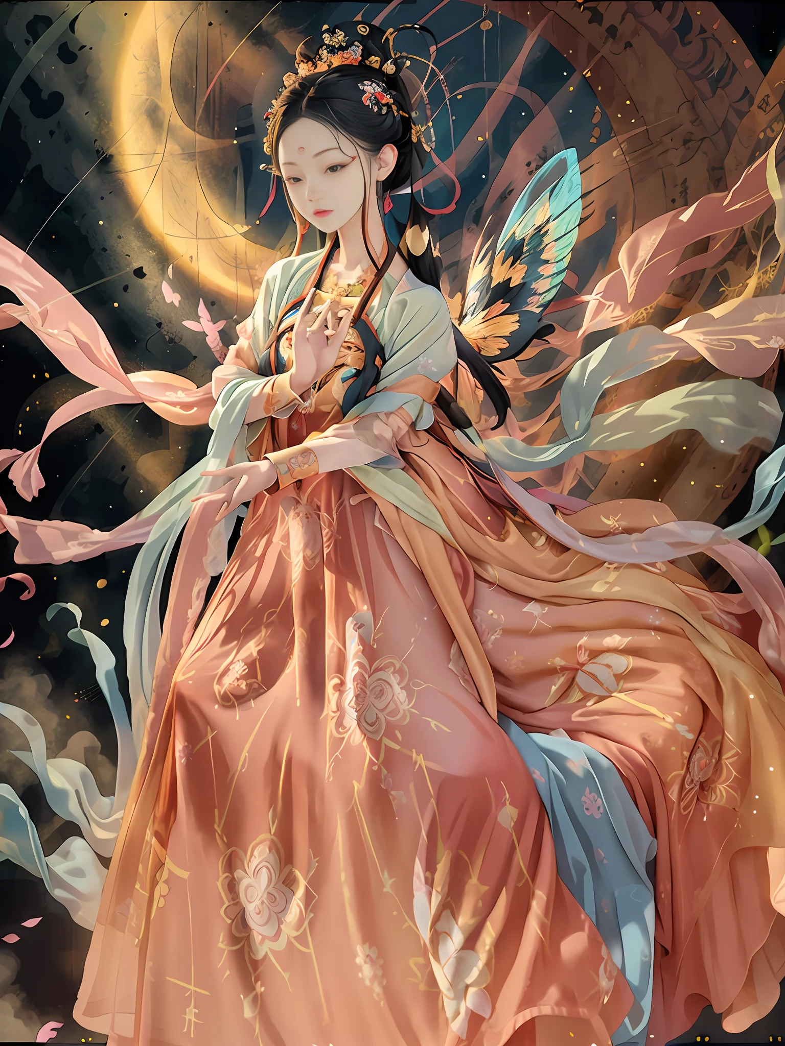 absurd, tall, super detailed, 1 girl, solo, dunhuang, gorgeous, dance, flying, chinese style, dance sleeves, (colorful clouds, colorful halos: 1.3), (forehead markings, hair flowers, hair accessories, jewelry, hair clips, hair rings, tiara, long hair, earrings, (colored long skirt: 1.2), cuffs), fluttering, clear facial features, delicate face, super detailed eyes, flowers, colored eyes, multi-colored hair, portrait (master works: 1.2, best quality), super fine, Ultra-accurate presentation (dynamic pose), color (top to bottom: 1.2), natural light, strong light, sky background, butterfly, Chinese clothing, face markers, hanfu, handheld musical instrument, pipa, long hair, looking at the audience, parted lips, faint smile, solo, bright colors, official art, unified 8k wallpaper, super detailed, beautiful beauty, masterpiece, best quality, (zandeji, mandala, tangles, tangles), extremely detailed, dynamic angles, the most beautiful chaotic forms, elegant, brutalist design, Bright colors, romanticism, atmosphere, ecstatic notes, visible flowing notes, 5 fingers, illusory background, flying ribbon, beautiful sky, bright moon, flying sleeves,