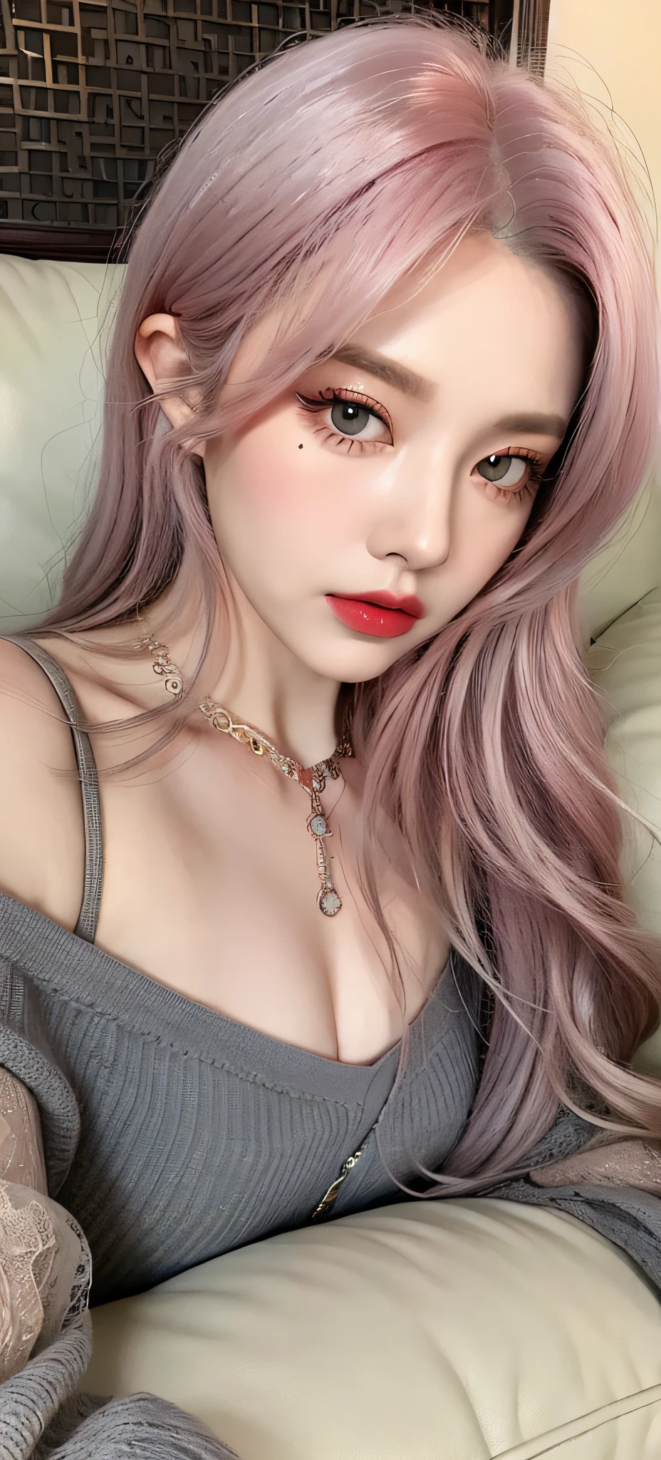 Masterpiece, best quality, 1 mature woman, perfect face, high quality, upper body, lying down, seductive, sexy, red lips, eye shadow, blush, off-the-shoulder lace top, sofa, super detailed face, detailed eyes, double eyelids, gray hair, colored inner hair, multicolored hair, gradient hair,