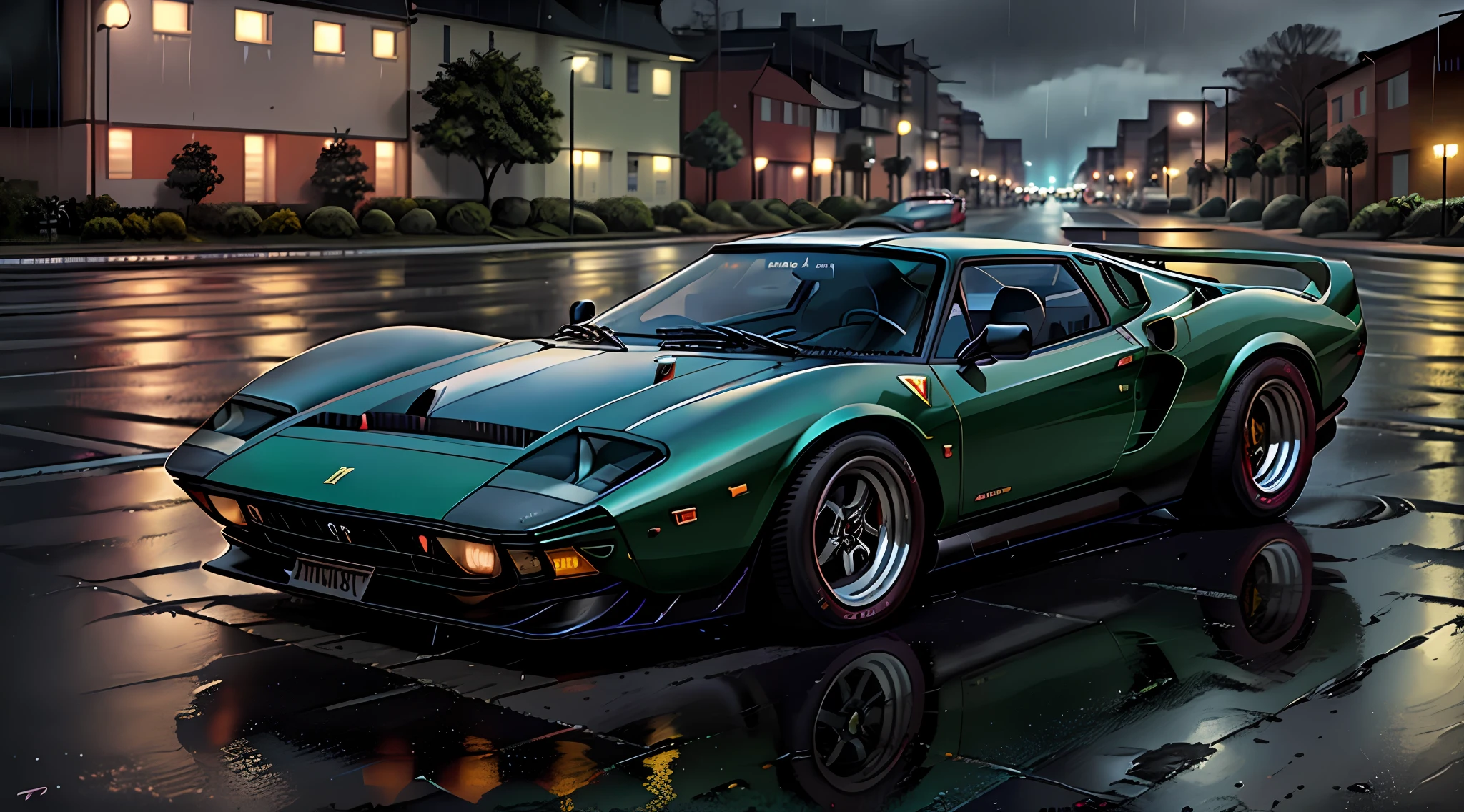 ferrari 280 gto red sports car parked on a wet street in the rain, red sports car 80s, highly detailed Hyper Real Retro, Art Deco overcomes anime aesthestic, octane cgsociety, Daniel Maidman octane rendering, miura kentaro style, outrun art style, panther ((countach)), inspired by Kentaro Miura