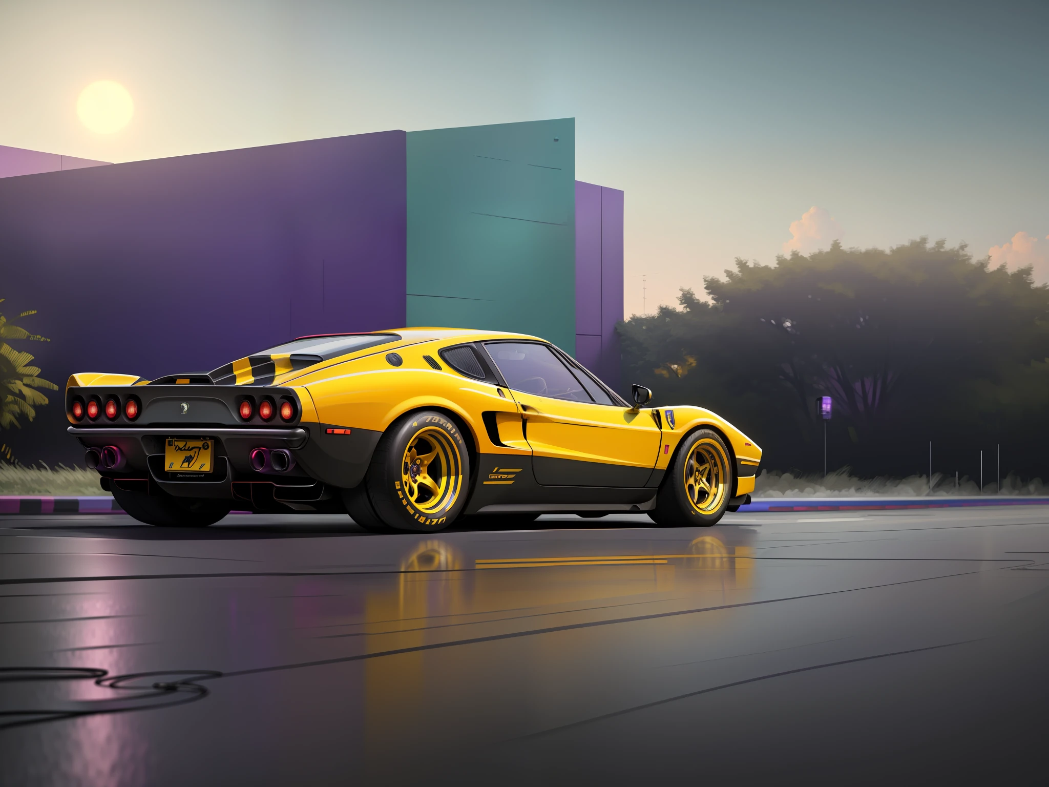purple car with yellow stripes on front, ferrari 280 gto car, cyberpunk, cyberpunk vibrant colors, ultrarealistic cyberpunk art 8k, cyberpunk 8k, avant-garde wallpaper 4k, cyberpunk style, hyper-realistic, 4k wallpaper, 4k wallpaper, 4k hq wallpaper, 4k hq phone wallpaper, vibrant cyberpunk neon colors, hyper-realistic cyberpunk style