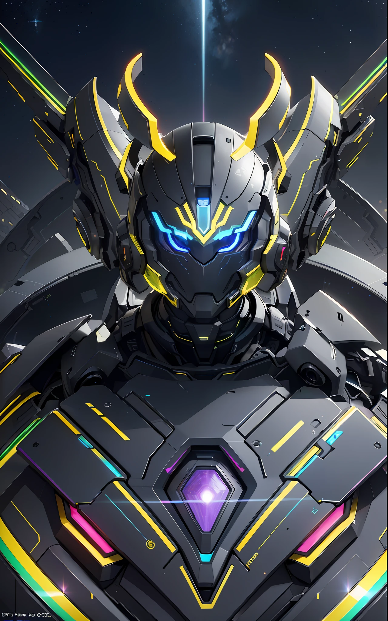 masterpiece, best quality, dramatic angle, ( holographic, rainbow, opal, bright colors, colorful), (halo, halo, glowing eyes, Gradient_Eyes, glowing aura, glowing energy, glowing digital marker, glowing web marker), (professional award winning cinematic masterpiece), best quality, symmetry, futuristic, sci-fi, aerodynamics,
Armor core, ammunition belt, laser, laser weapon, smooth and slender,
floating parts, city_lights, galaxy, giant, glow, night, night_sky, planet, sky, snow, snow, space, star_\(sky\), starry_sky, wing, fire, darkness, ((non-humanoid robot)), weapon, gun, cannon, military, mechanical parts, (cyberpunk: 1.3), (luminous particles: 1.5), high saturation, low brightness,
Crystal metal, neon panel,
Black metallic, red metallic, blue metallic metal accent