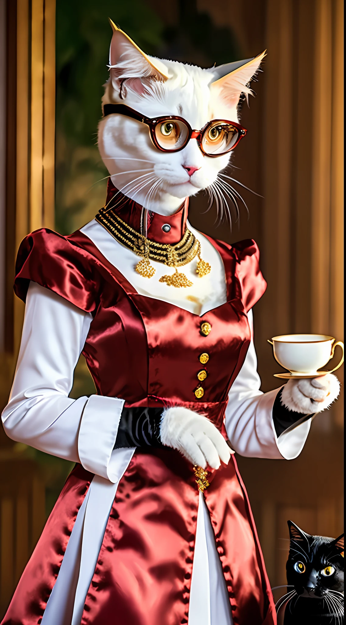 An exquisite masterpiece of a cat with a full-length white fur, adorned with a five-toothed necklace, bright red eyes. This high-quality image shows the cat wearing an elegant butler outfit and glasses. The embarrassed expression adds a charming touch to the already sophisticated and fierce aura. Serving a tea with cat's hand.