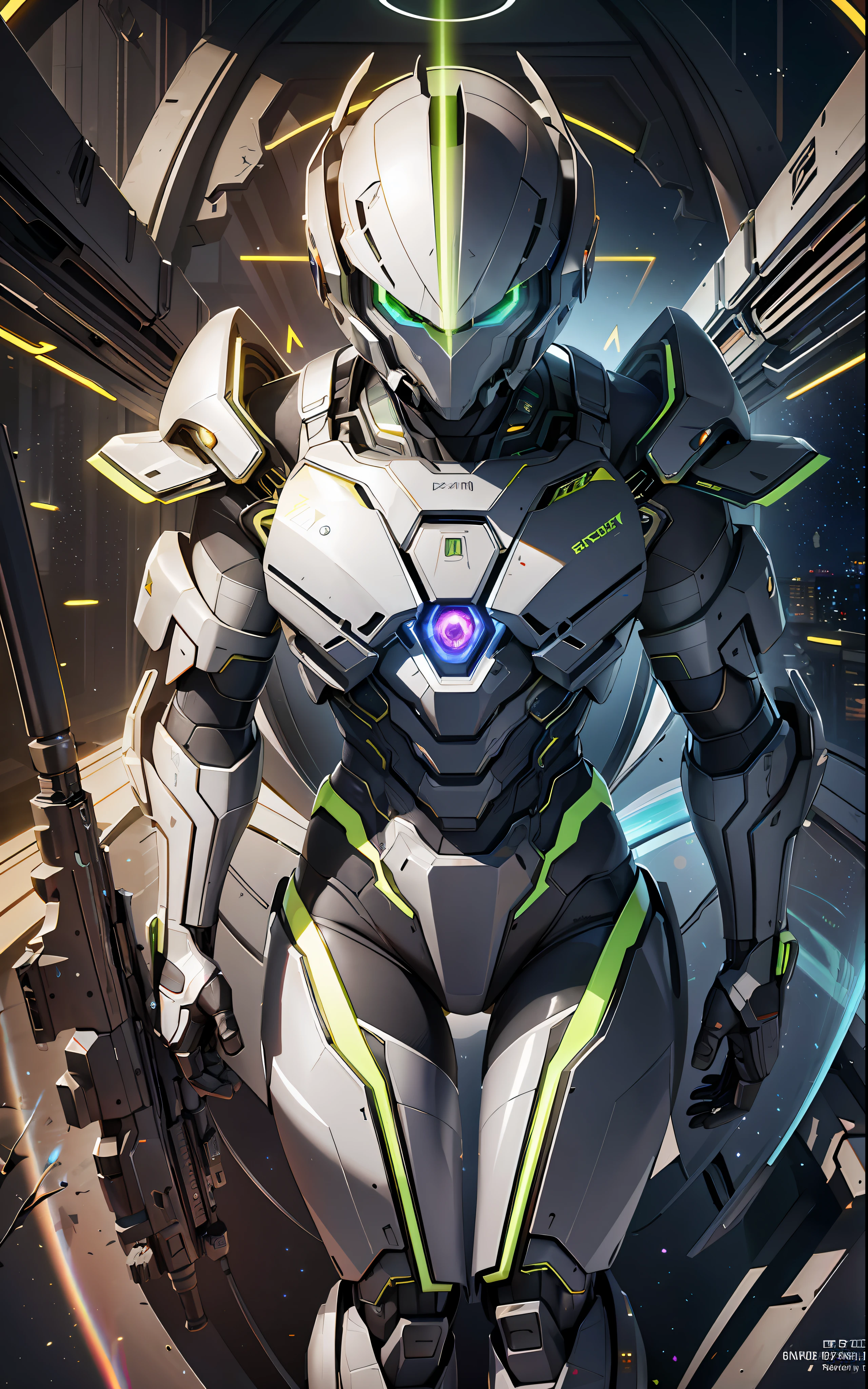 masterpiece, best quality, dramatic angle, ( holographic, rainbow, opal, bright colors, colorful), (halo, halo, glowing eyes, Gradient_Eyes, glowing aura, glowing energy, glowing digital marker, glowing web marker), (professional award winning cinematic masterpiece), best quality, symmetry, futuristic, sci-fi, aerodynamics,
Armor core, ammunition belt, laser, laser weapon, smooth and slender,
floating parts, city_lights, galaxy, giant, glow, night, night_sky, planet, sky, snow, snow, space, star_\(sky\), starry_sky, wing, fire, darkness, ((non-humanoid robot)), weapon, gun, cannon, military, mechanical parts, (cyberpunk: 1.3), (luminous particles: 1.5), high saturation, low brightness,
Crystal metal, neon panel,
Black metallic, red metallic, blue metallic metal accent