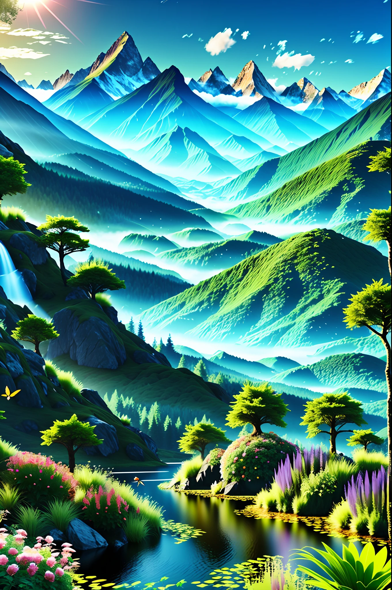 Realistic flora and fauna Creation of lush plants, forests, mountains and fantastic creatures through computer, cinematic, 8k,