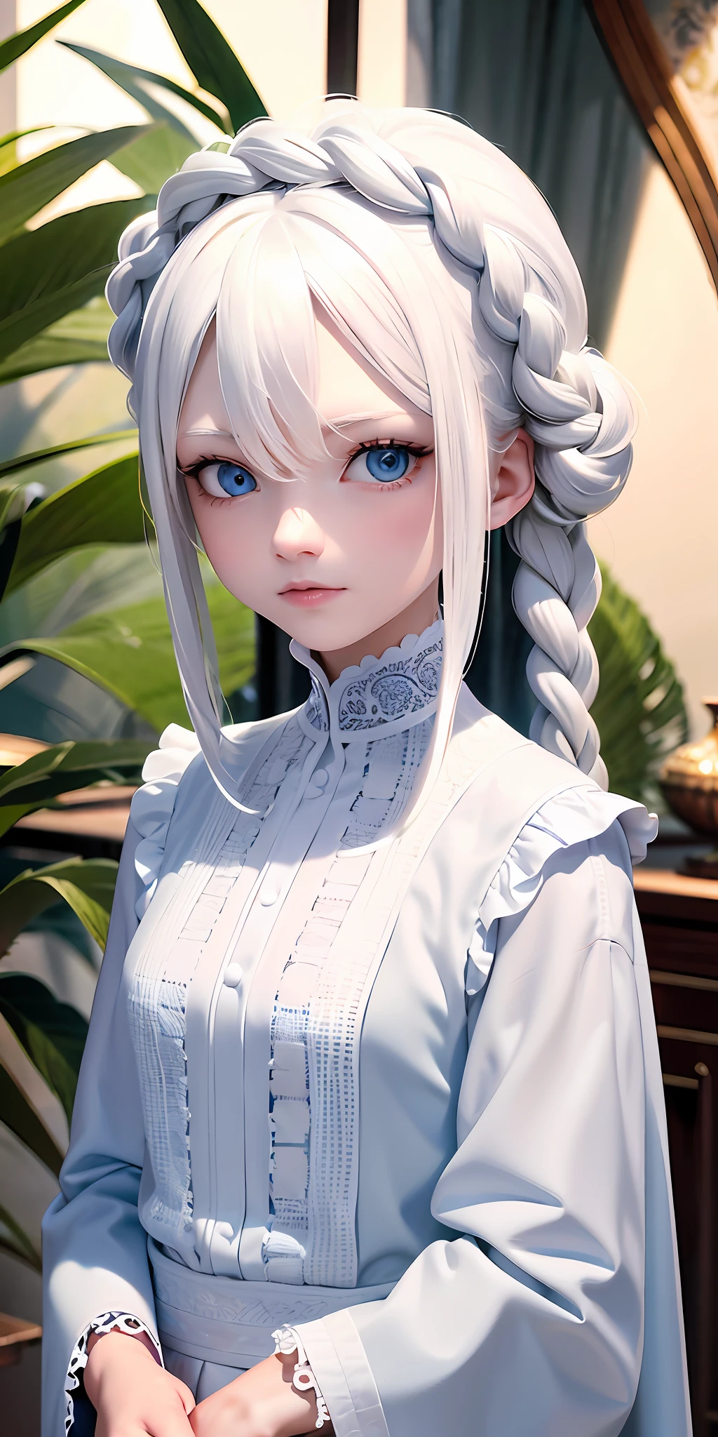 Excellent, masterpiece, white hair, blue eyes, white clothes, upper body, hair, fair skin, side braids, best quality