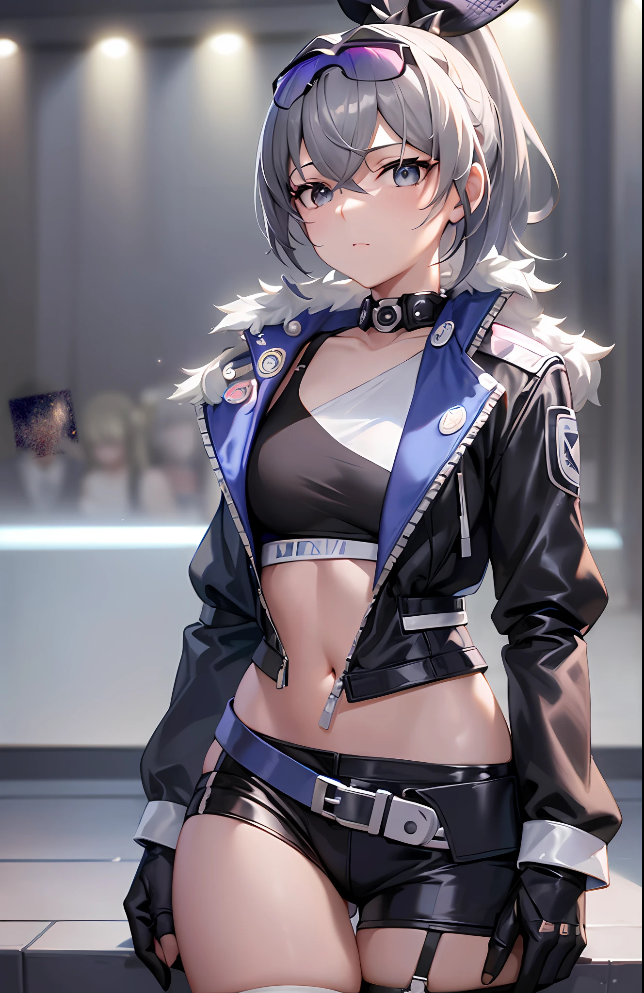 SilverWolf V4, (Masterpiece, Slim Body: 1.2), Best Quality, (Illustration: 1.2), (Extra Detail), Eye Focus, Ultra Detail, (Fine Detail), (Intricate Detail), HDR, (Ultra Detail: 1.15), (Soft Light: 1.2), 1 Girl, Beautiful Girl, Ultra Detailed Eyes, Slim, (Top Model: 1.3), In the pool, (Gray High Ponytail Hair: 1.1), (Delicate Gray Beauty Eyes: 1.2), (Movie Headlights), Beautiful Detail Glow, Ambient Light Occlusion, Ambient Light, Ray-Traced Reflections, (Best Lighting, Extremely Delicate and Beautiful), ((Cinematic Light)), (Soft: 2), Colored Glasses, Gloves, Jacket, Full Body, Weapons, Shorts, Black Gloves, Black Jacket, Gray Sweatwear, Red Slip Stockings, Glasses on the Head,