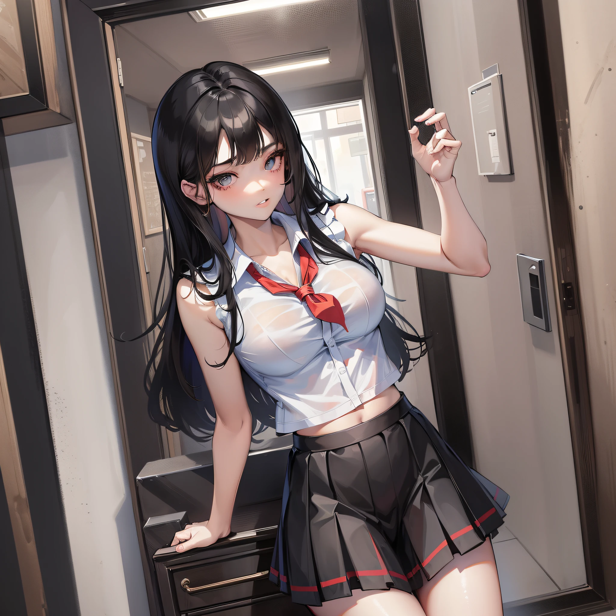 (masterpiece), (beautiful schoolgirl, straight black hair with bangs, large bosom, slim waist, parted lips, gazing with desire),(sleeveless shirt:0.5 + uniform top),(locker:0.6 + hallway:0.7), (plaid skirt:0.7 + short skirt:0.5), sensual pose.