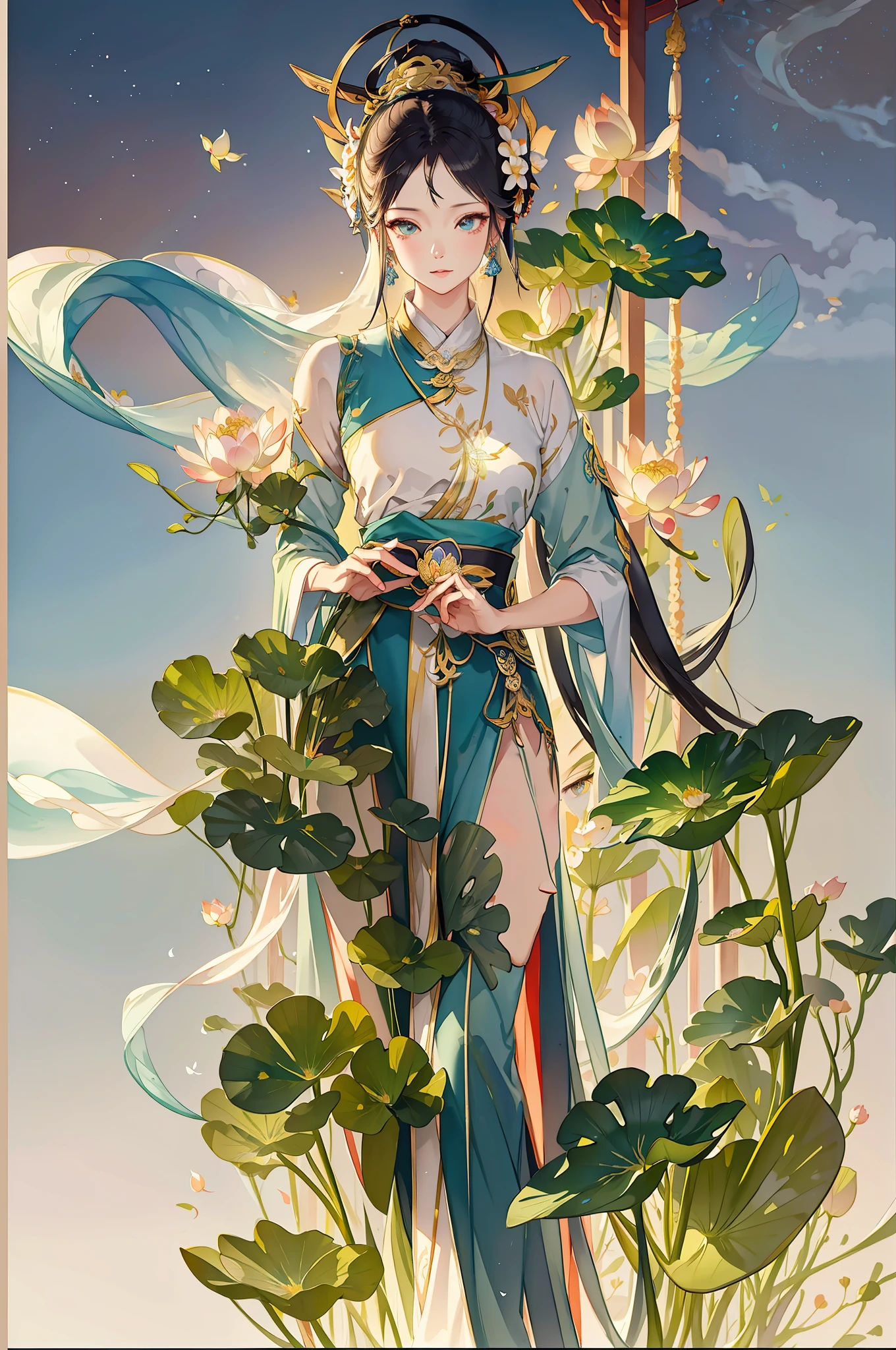 Big lotus leaves, lotus flowers, ink painting style, clean colors, ink style, blending, decisive cutting, white space, freehand, lotus fairy, Dunhuang flying sky, a fairy, top down, ethereal, curved, feminine, masterpiece, super detailed, epic composition, high quality, highest quality, , antique style,