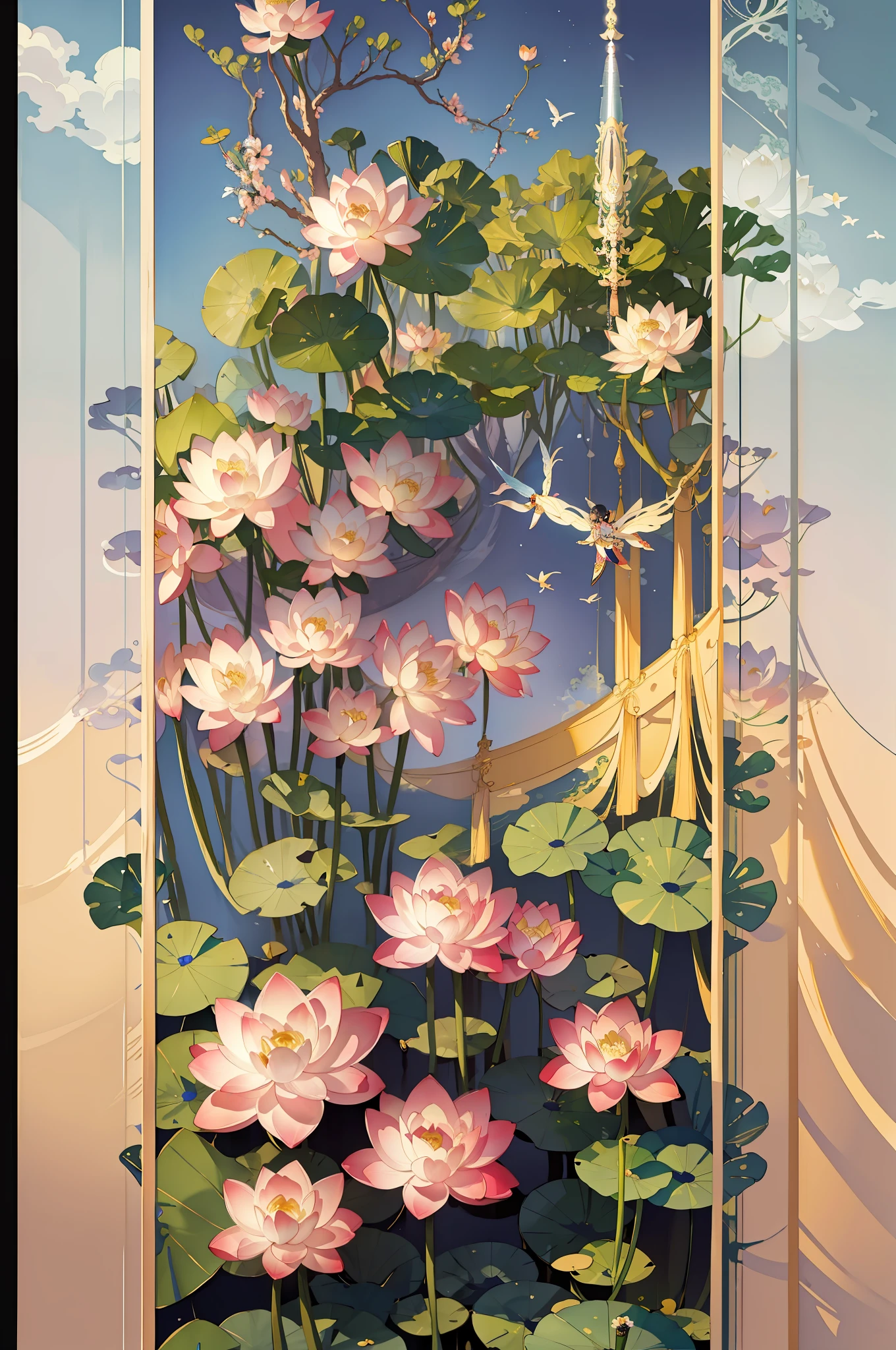 Big lotus leaves, lotus flowers, ink painting style, clean colors, ink style, blending, decisive cutting, white space, freehand, lotus fairy, Dunhuang flying sky, a fairy, top down, ethereal, curved, feminine, masterpiece, super detailed, epic composition, high quality, highest quality, , antique style,