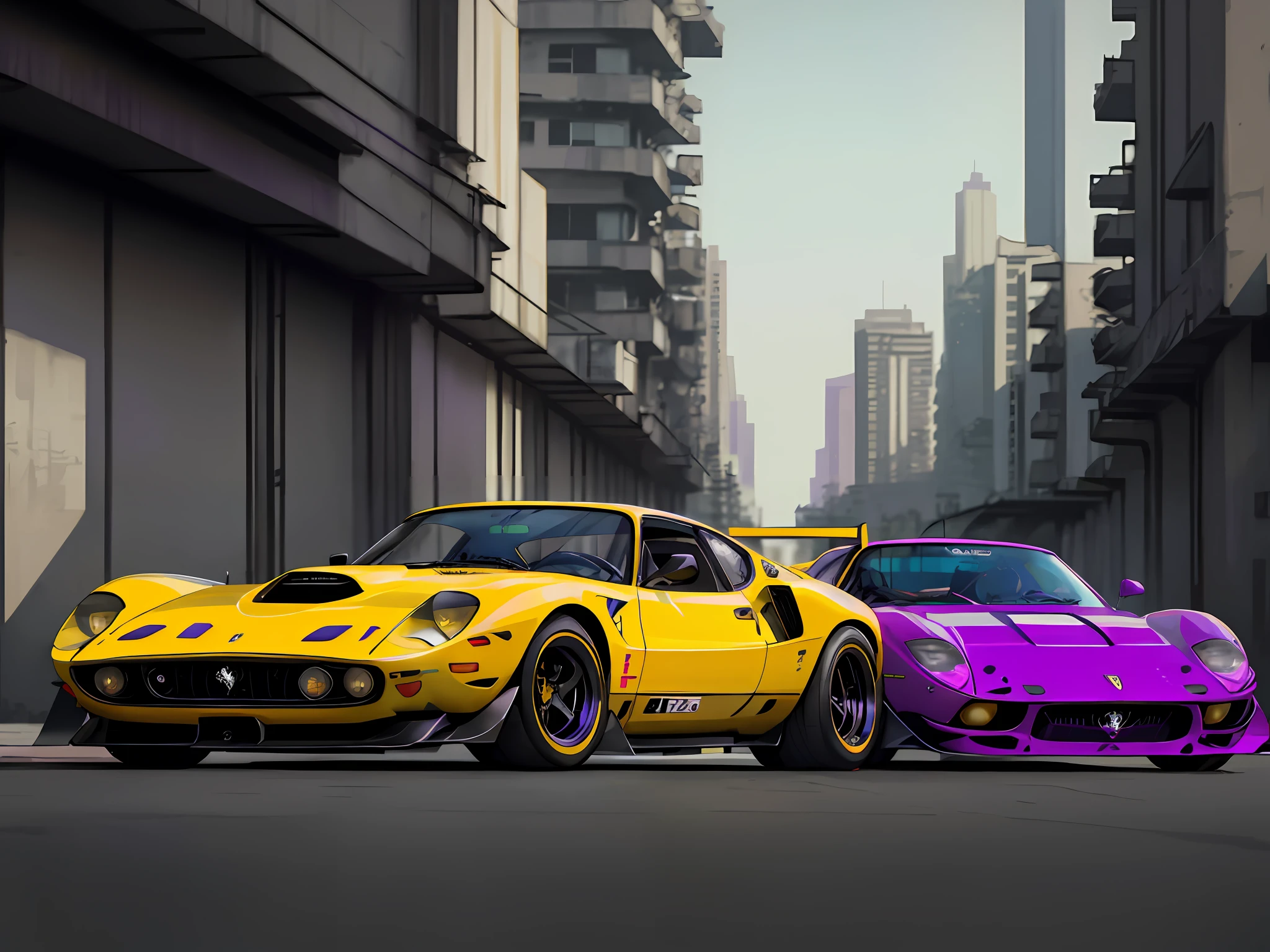 purple car with yellow stripes on front, ferrari 280 gto car, cyberpunk, cyberpunk vibrant colors, ultrarealistic cyberpunk art 8k, cyberpunk 8k, avant-garde wallpaper 4k, cyberpunk style, hyper-realistic, 4k wallpaper, 4k wallpaper, 4k hq wallpaper, 4k hq phone wallpaper, vibrant cyberpunk neon colors, hyper-realistic cyberpunk style