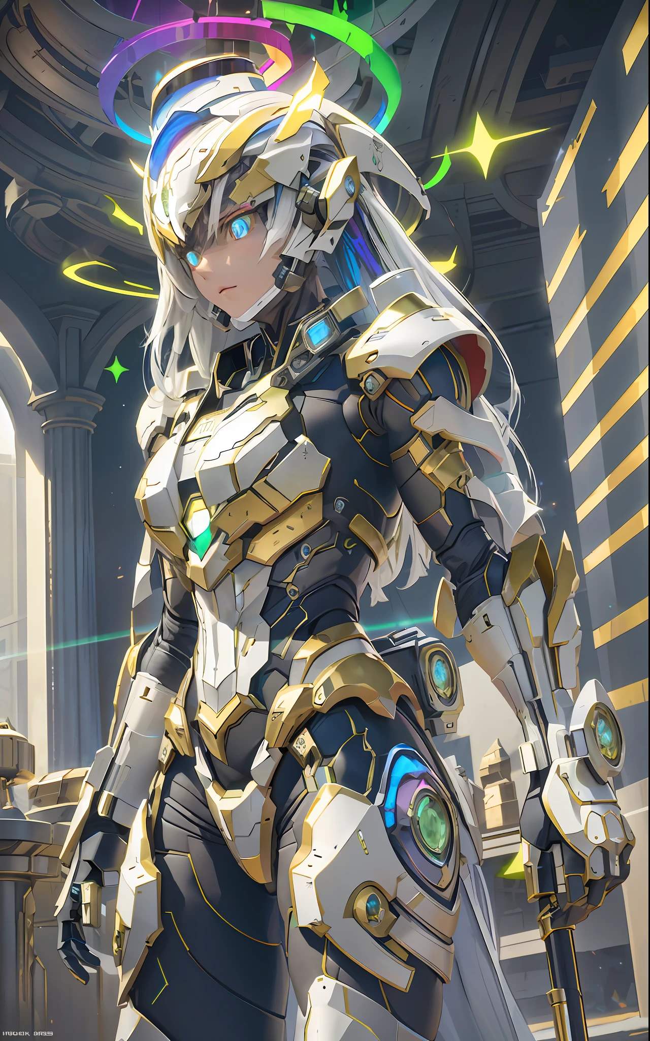 masterpiece, best quality, dramatic angle, ( holographic, rainbow, opal, bright colors, colorful), (halo, halo, glowing eyes, Gradient_Eyes, glowing aura, glowing energy, glowing digital marker, glowing web marker), (professional award winning cinematic masterpiece), best quality, symmetry, futuristic, sci-fi, aerodynamics,
Armor core, ammunition belt, laser, laser weapon, smooth and slender,
floating parts, city_lights, galaxy, giant, glow, night, night_sky, planet, sky, snow, snow, space, star_\(sky\), starry_sky, wing, fire, darkness, ((non-humanoid robot)), weapon, gun, cannon, military, mechanical parts, (cyberpunk: 1.3), (luminous particles: 1.5), high saturation, low brightness,
Crystal metal, neon panel,
Black metallic, red metallic, blue metallic metal accent.