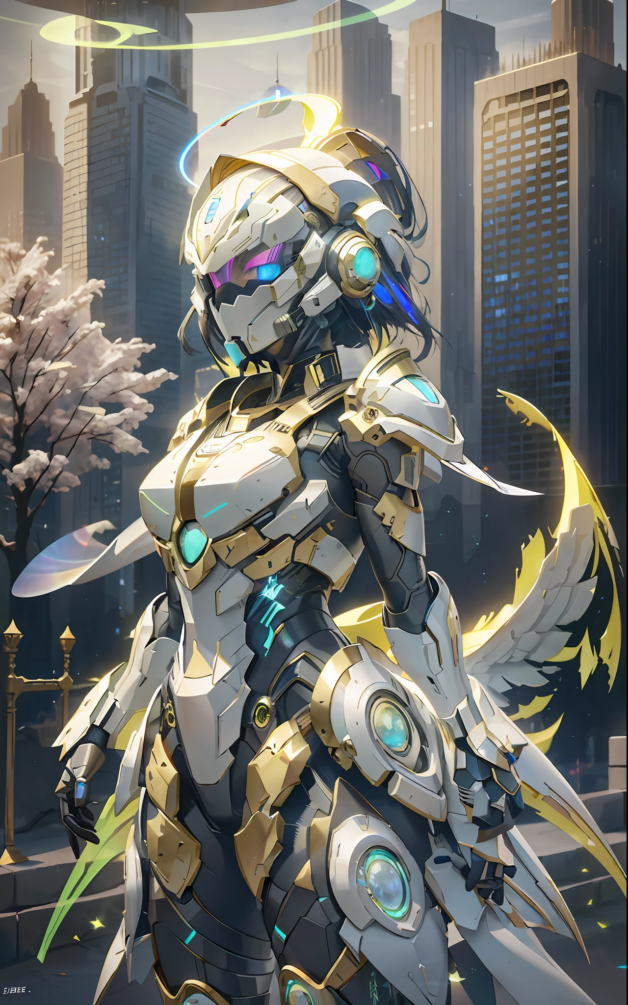 masterpiece, best quality, dramatic angle, ( holographic, rainbow, opal, bright colors, colorful), (halo, halo, glowing eyes, Gradient_Eyes, glowing aura, glowing energy, glowing digital marker, glowing web marker), (professional award winning cinematic masterpiece), best quality, symmetry, futuristic, sci-fi, aerodynamics,
Armor core, ammunition belt, laser, laser weapon, smooth and slender,
floating parts, city_lights, galaxy, giant, glow, night, night_sky, planet, sky, snow, snow, space, star_\(sky\), starry_sky, wing, fire, darkness, ((non-humanoid robot)), weapon, gun, cannon, military, mechanical parts, (cyberpunk: 1.3), (luminous particles: 1.5), high saturation, low brightness,
Crystal metal, neon panel,
Black metallic, red metallic, blue metallic metal accent.
