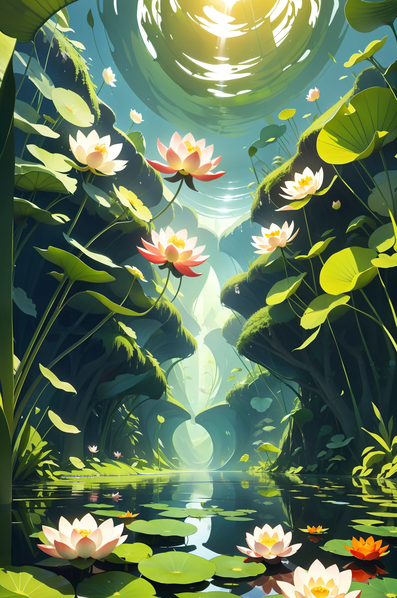 Tall lotus leaf, lotus jungle, a small boat in the middle, looking up on the surface of the water, the meridians of the lotus leaf, the bottom of the lotus leaf, red carp Lotus Leaf around the water, vanishing point, from below, atmospheric perspective, panorama, clear sky,