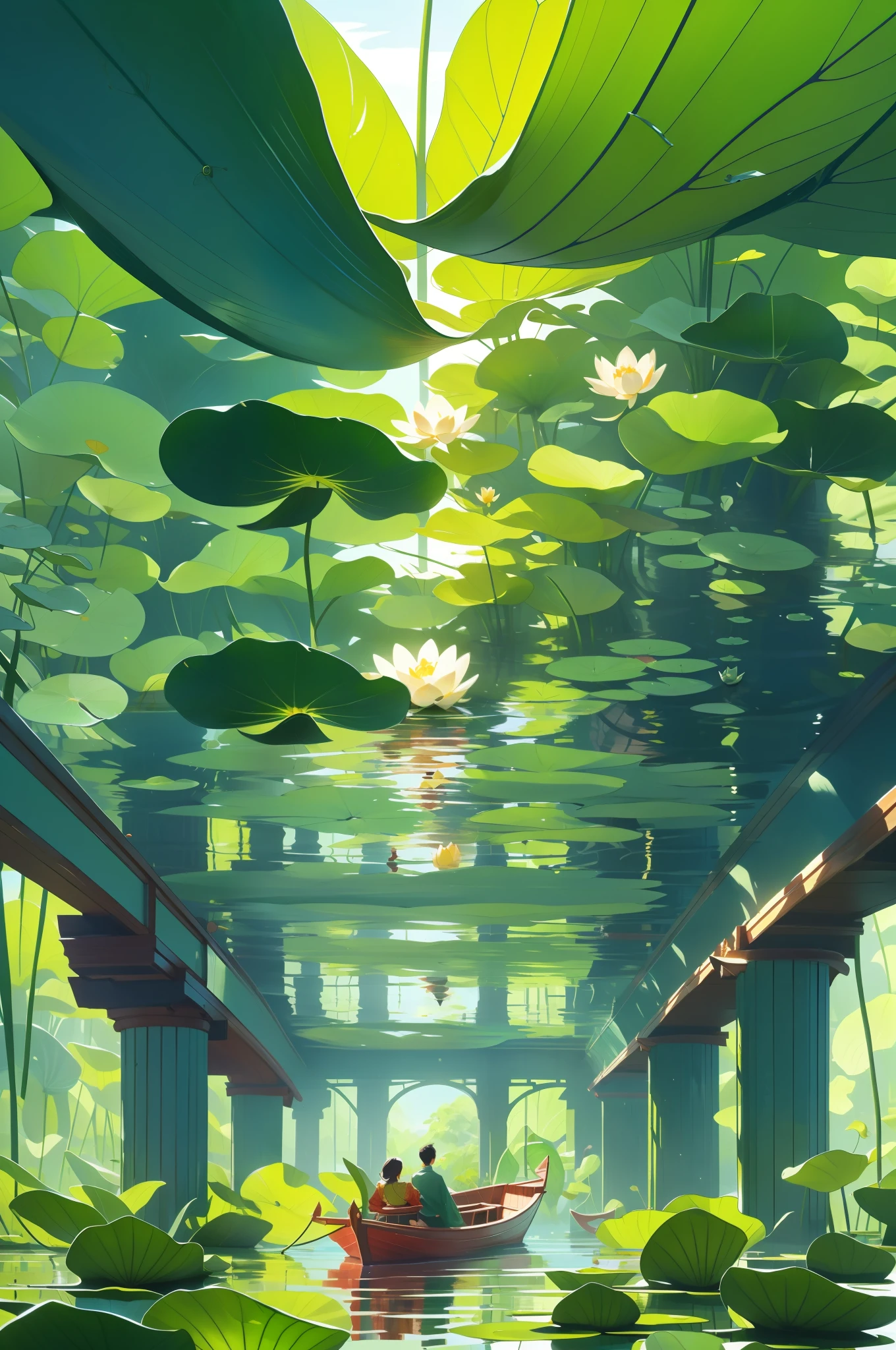 Tall lotus leaf, lotus jungle, a small boat in the middle, looking up on the surface of the water, the meridians of the lotus leaf, the bottom of the lotus leaf, red carp Lotus Leaf around the water, vanishing point, from below, atmospheric perspective, panorama, clear sky,