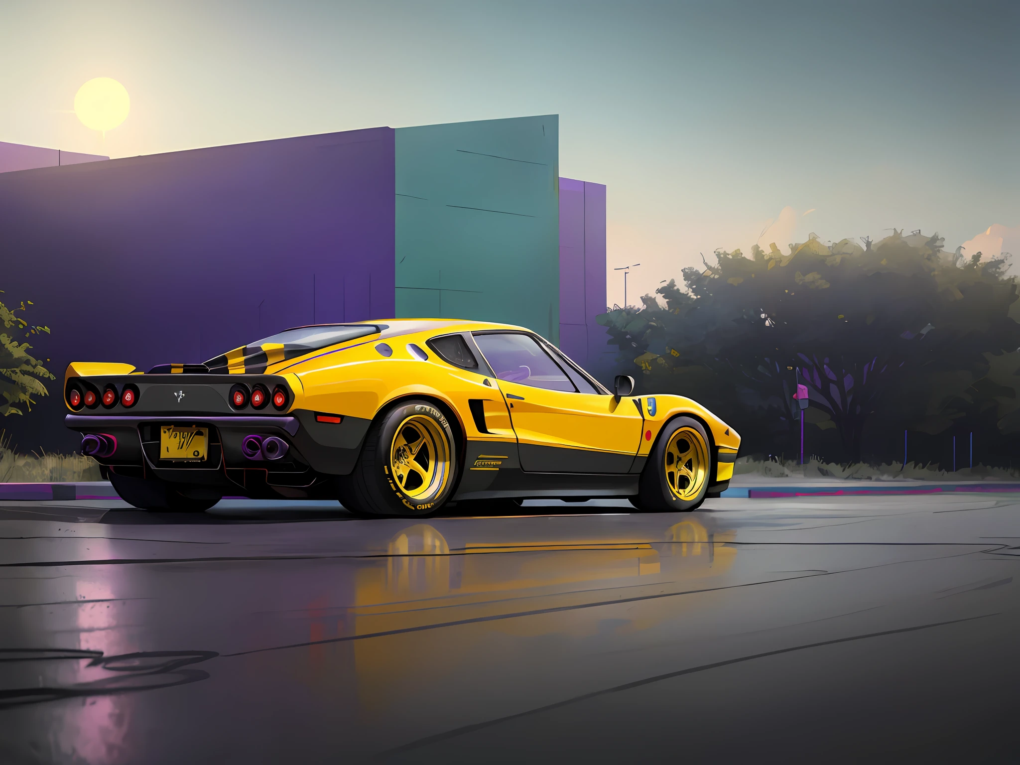 purple car with yellow stripes on front, ferrari 280 gto car, cyberpunk, cyberpunk vibrant colors, ultrarealistic cyberpunk art 8k, cyberpunk 8k, avant-garde wallpaper 4k, cyberpunk style, hyper-realistic, 4k wallpaper, 4k wallpaper, 4k hq wallpaper, 4k hq phone wallpaper, vibrant cyberpunk neon colors, hyper-realistic cyberpunk style
