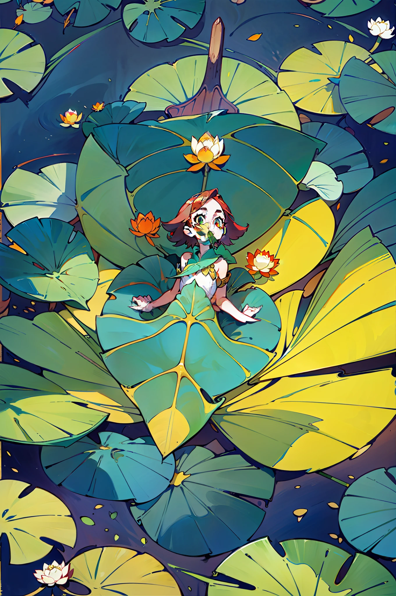 Tall lotus leaf, lotus jungle, a small boat in the middle, looking up on the surface of the water, the meridians of the lotus leaf, the bottom of the lotus leaf, red carp Lotus Leaf around the water, vanishing point, from below, atmospheric perspective, panorama, clear sky,