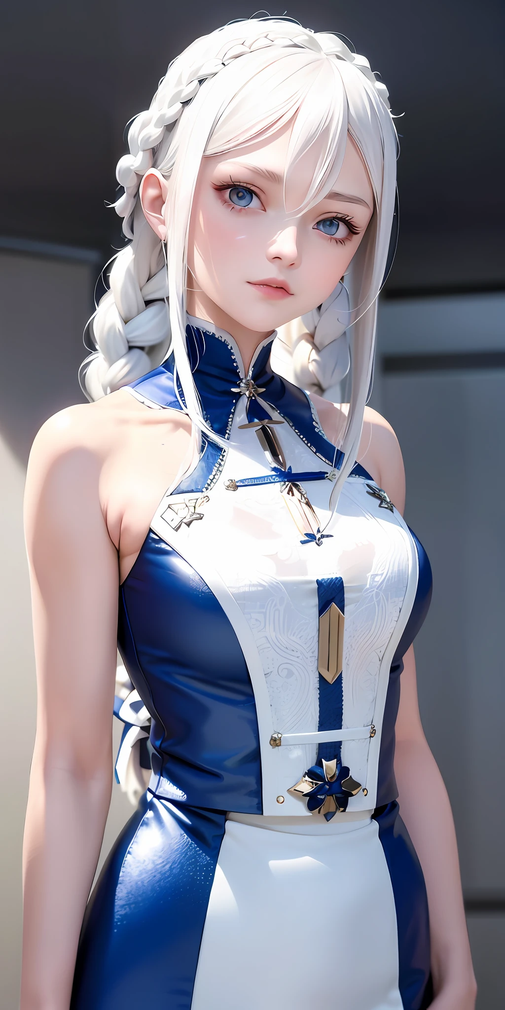 Excellent, masterpiece, white hair, blue eyes, white clothes, upper body, hair, fair skin, side braids, best quality