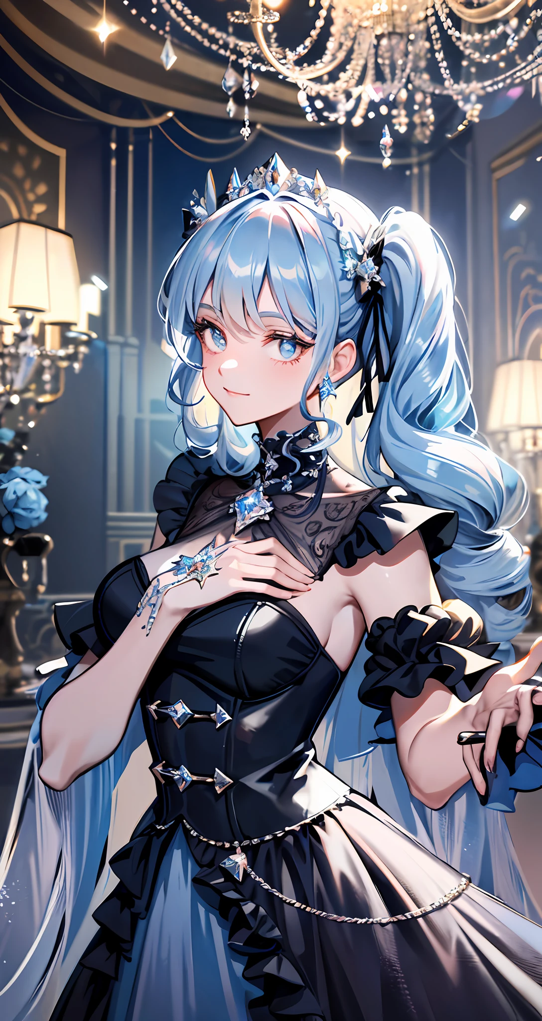 Dramatic composition, court-style dresses, royal, gorgeous, cascading frills, ruffles, bows, crystal chandeliers, Roman curly hairstyles, ponet, double ponytails like drills, look at the camera, bangs, maximalism, palatial background, delicate portrayal of hair and eyes, princess dresses, gorgeous skirts, flowers in hand, smiles, starry eyes, cinematic light, extreme detail, high definition, happy girl, very long hair, diamonds, broken diamonds, crystal fragments, light particles
