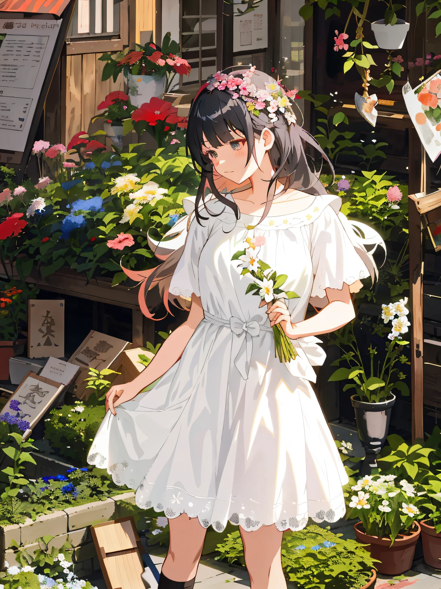 anime girl in white dress holding a flower in front of a flower shop, cute anime waifu in a nice dress, loli in dress, guweiz, artwork in the style of guweiz, guweiz on pixiv artstation, kawacy, anime visual of a cute girl, she is the center of the garden, anime moe artstyle