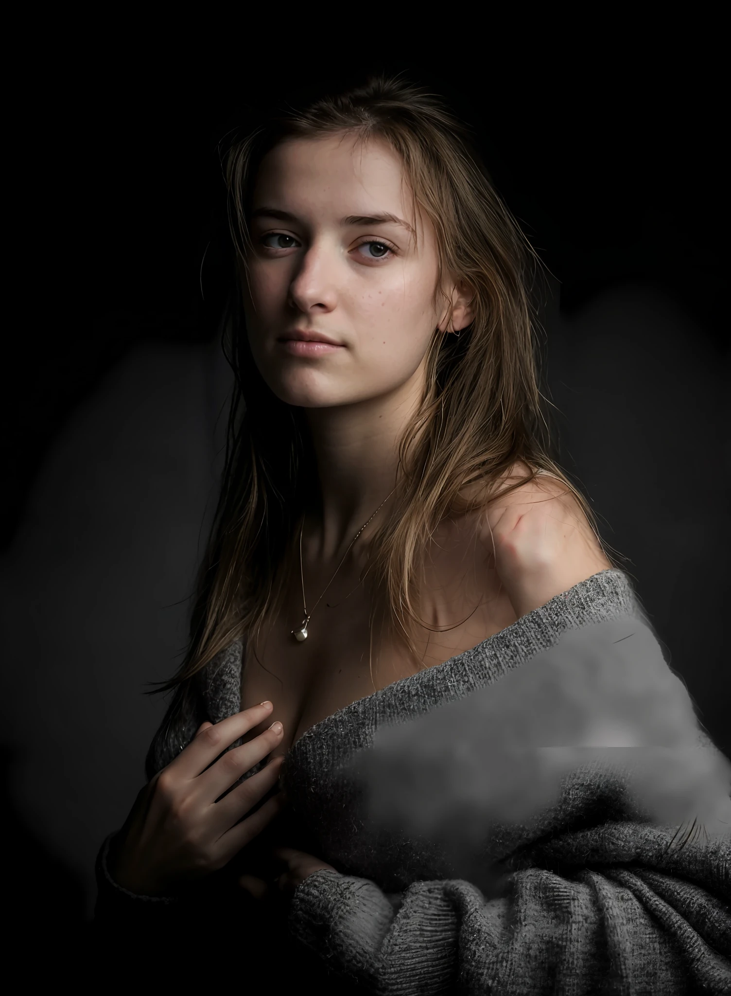 arafed woman in a gray sweater posing for a picture, portrait soft low light, dramatic portrait, portrait soft light, medium portrait soft light, photography portrait, atmospheric portrait, photoshoot portrait, 60mm portrait, emotive portrait, 7 0 mm. dramatic lighting, 50mm portrait, fine art portrait photography, 7 0 mm portrait, chiaroscuro portrait