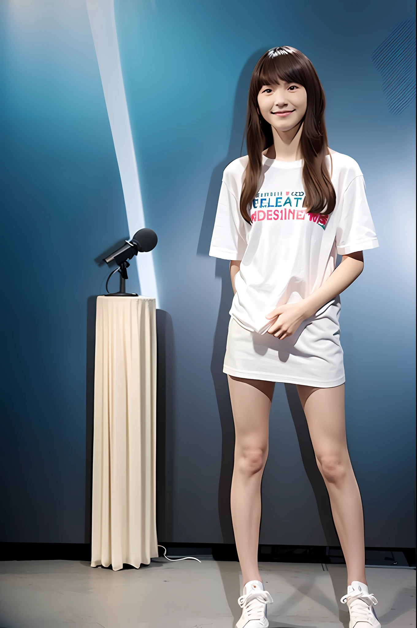 One woman, cute face, 18 years old, loose T-shirt, super mini skirt, super super long hair, (white hair: 1.4), full body, straight bangs, high quality photos, realistic photos, beautiful girl, small, glamour, movie lighting, sharp focus, loose t-shirt,