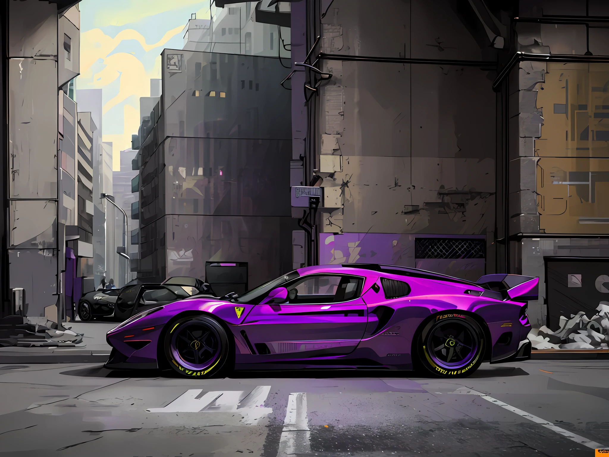purple car with yellow stripes on front, ferrari 280 gto car, cyberpunk, cyberpunk vibrant colors, ultrarealistic cyberpunk art 8k, cyberpunk 8k, avant-garde wallpaper 4k, cyberpunk style, hyper-realistic, 4k wallpaper, 4k wallpaper, 4k hq wallpaper, 4k hq phone wallpaper, vibrant cyberpunk neon colors, hyper-realistic cyberpunk style