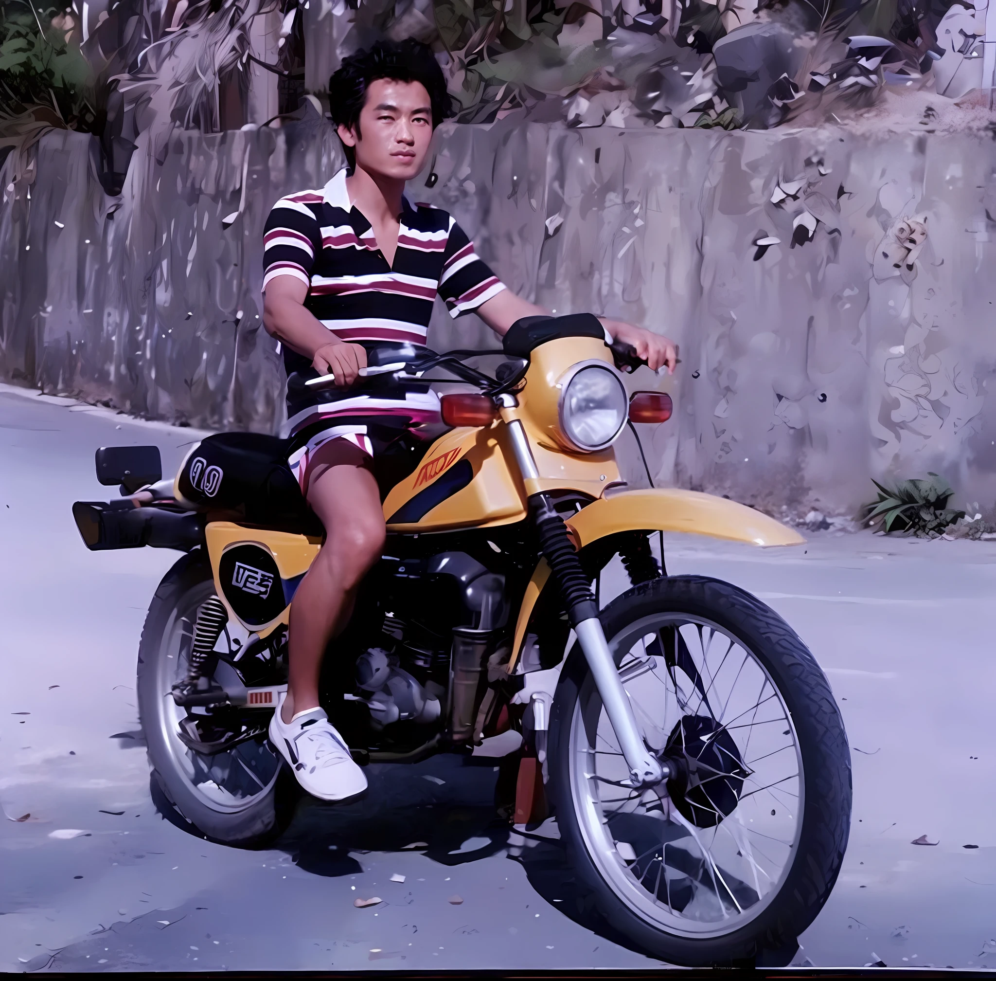 there is a man sitting on a motorcycle on the street, childhood friend, motorbike, riding a motorbike, around 1 9 years old, 1970s philippines, motorcycle, akira moto, john jude palencar, sitting on a motorcycle, profile picture, motorbiker, hi-res scan, hi - res scan
