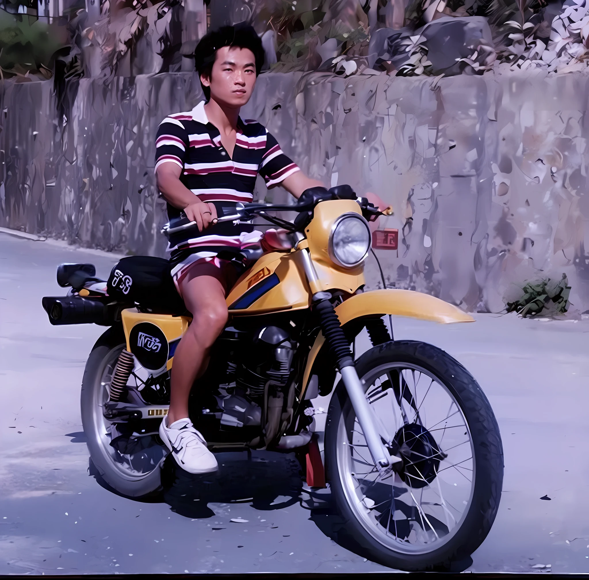 there is a man sitting on a motorcycle on the street, childhood friend, motorbike, riding a motorbike, around 1 9 years old, 1970s philippines, motorcycle, akira moto, john jude palencar, sitting on a motorcycle, profile picture, motorbiker, hi-res scan, hi - res scan