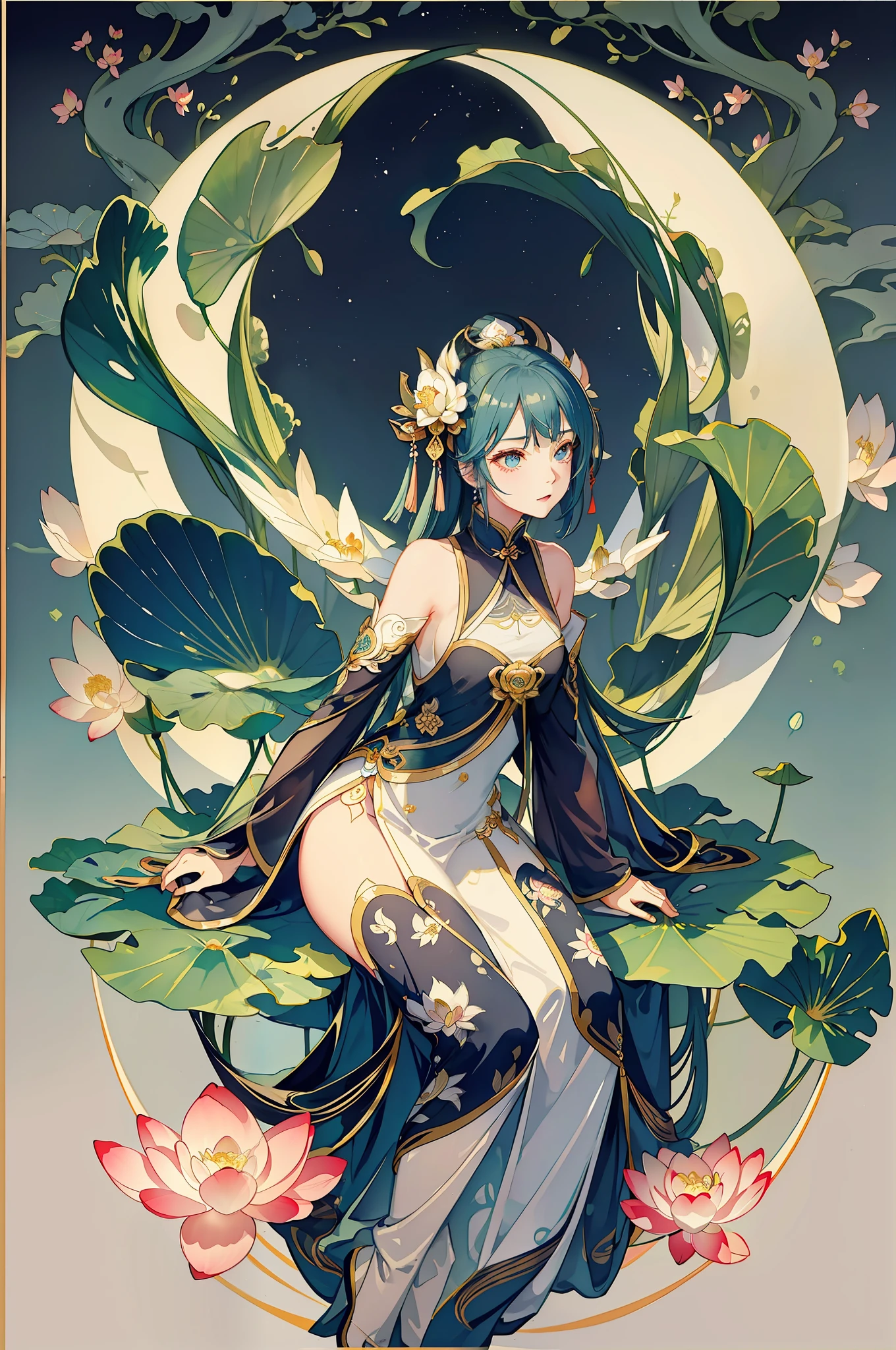 Big lotus leaves, lotus flowers, ink painting style, clean colors, ink style, blending, decisive cutting, white space, freehand, lotus fairy, Dunhuang flying sky, a fairy, top down, ethereal, curved, feminine, masterpiece, super detailed, epic composition, high quality, highest quality, , antique style,