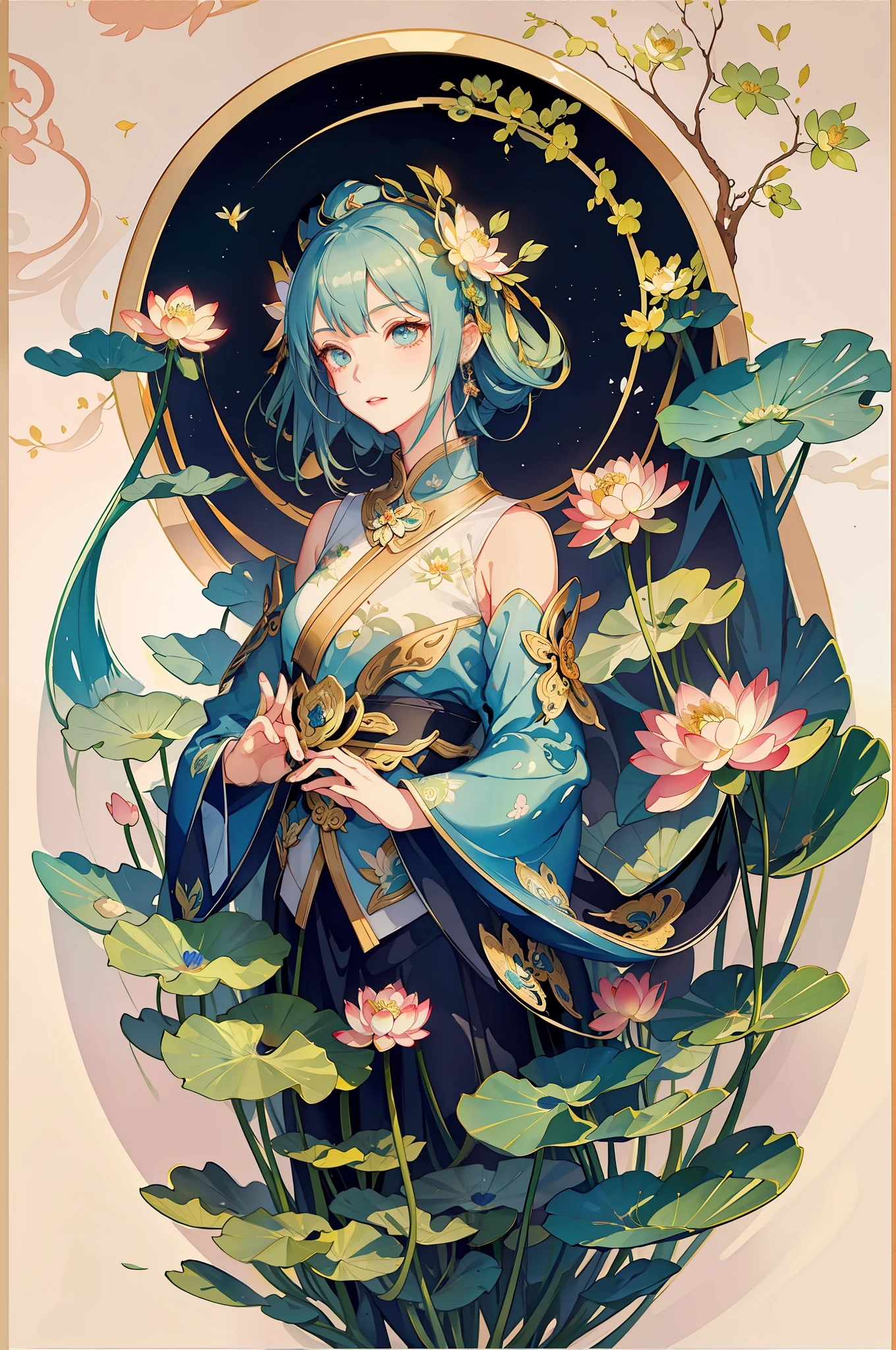Big lotus leaves, lotus flowers, ink painting style, clean colors, ink style, blending, decisive cutting, white space, freehand, lotus fairy, Dunhuang flying sky, a fairy, top down, ethereal, curved, feminine, masterpiece, super detailed, epic composition, high quality, highest quality, , antique style,