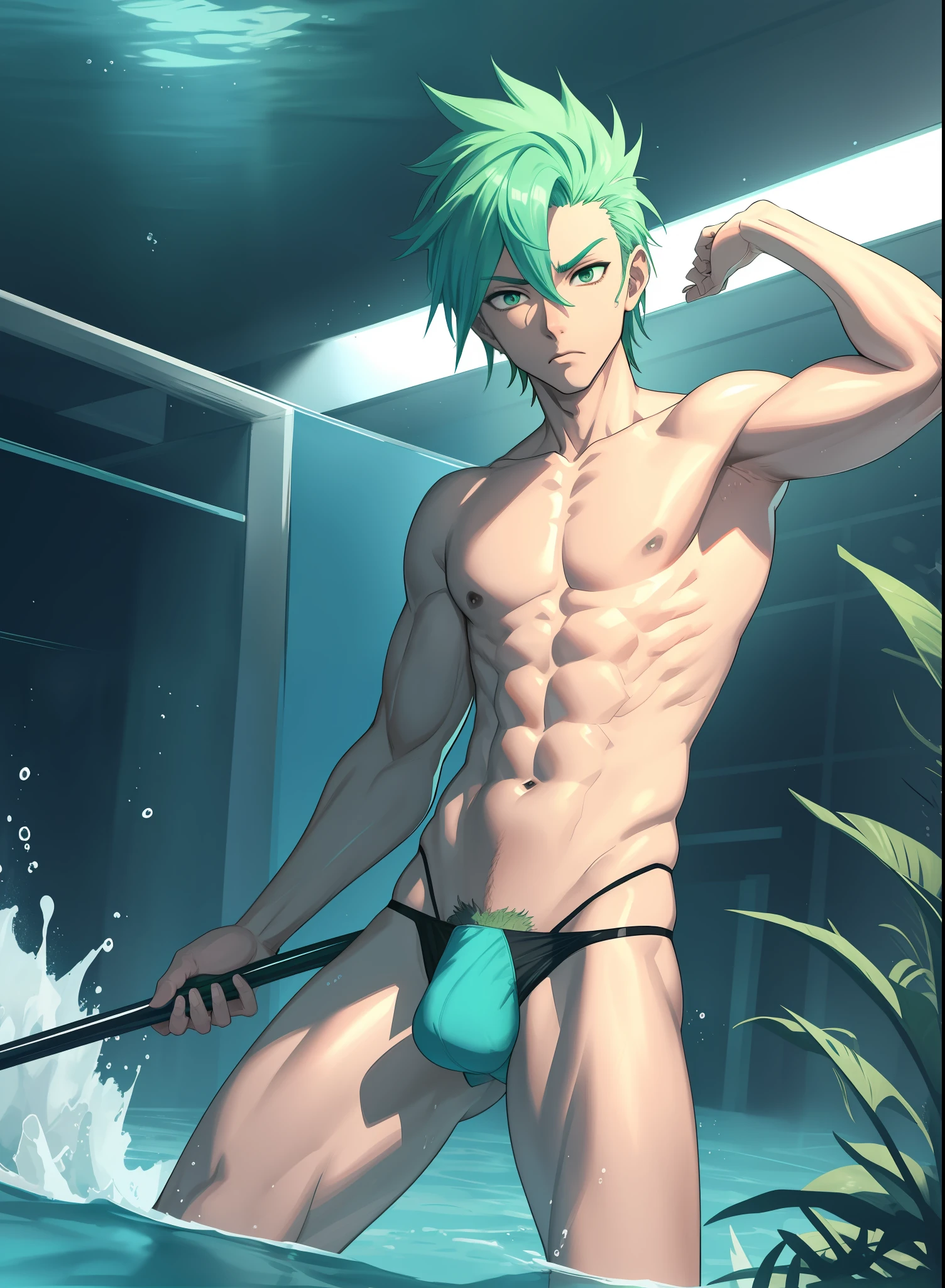 (hyper-realistic digital illustration), hires, best quality, underwater world, wide angle, swimming, athletic body, male, iridescent skin, flat chest, silver eyes, green hair styled in spikes, determined expression, bioluminescent lighting, wearing fashionable black small thong, full mast, erect bulge, erect bulge, visible through underwear , small waist, broad chest, big mane, slim scruffy, muscular