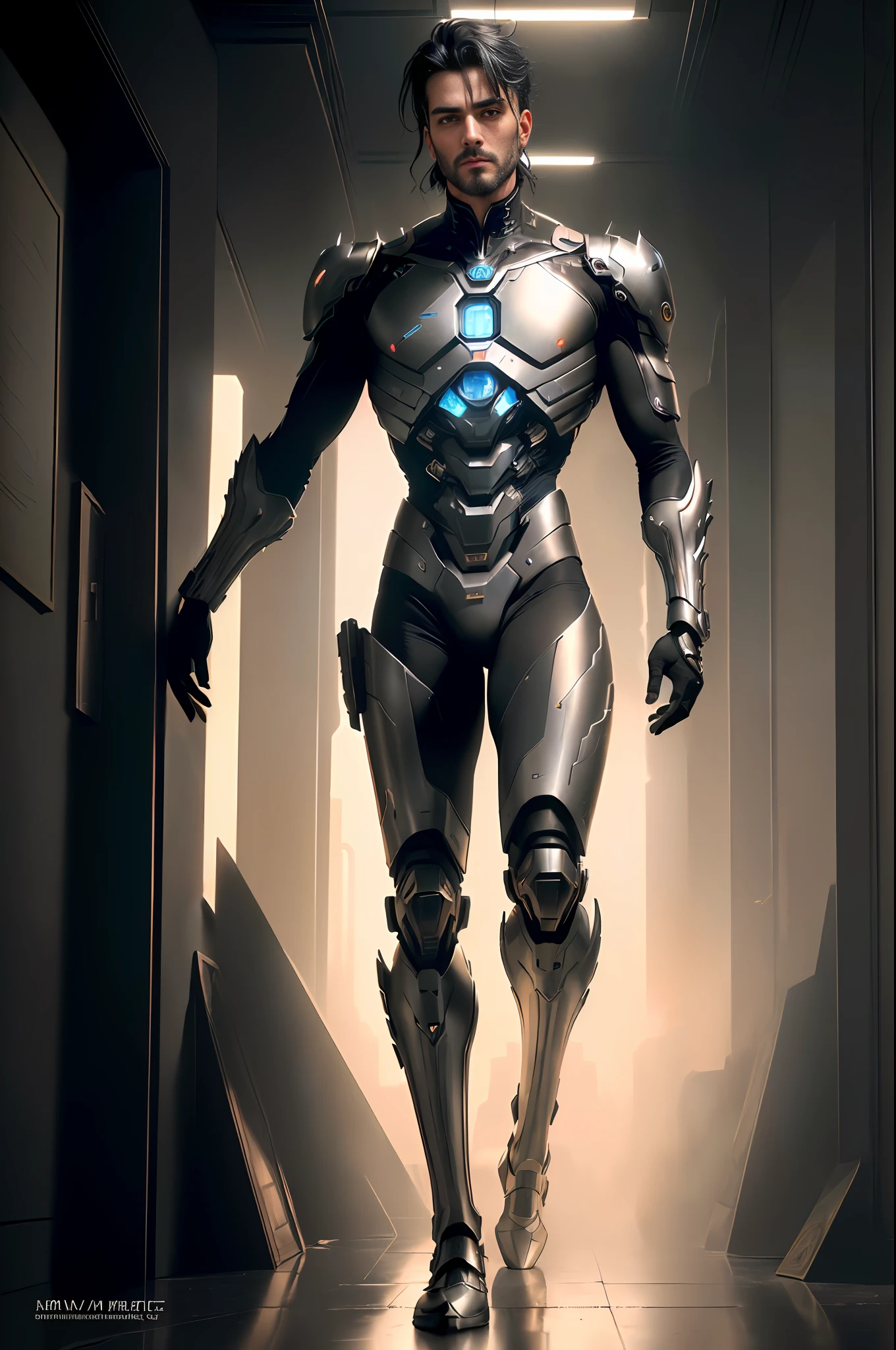 A realistic cinematographic scene of one 40 year old male cyborg, full body standing in a cyberpunk barren place with stunning cloudscape.
(Wearing an elegant casual outfit) on top of her Insanely Intricate anatomically adapted (graphene:1.1) biomechanical symmetrical arms and biomechanical legs. Insanely detailed, elegant and ornate symmetrical fractal body details with kyanite gems.
Tall fit manly body with a handsome rectangular face, almond eyes, thin lips, short straight nose, straight black hair and short trimmed beard with no sideburns, (empty hands),
Scene captured with bright soft natural light, dramatic shadings and beautiful vibrant colors. Romanticism art style.
8k resolution image with cyberpunk style, insanely intricately symmetrical details.
The scene has a indomitable heroic mood with the main presence of a complete scene of one male full body standing with fluid body movements and a confident expression.